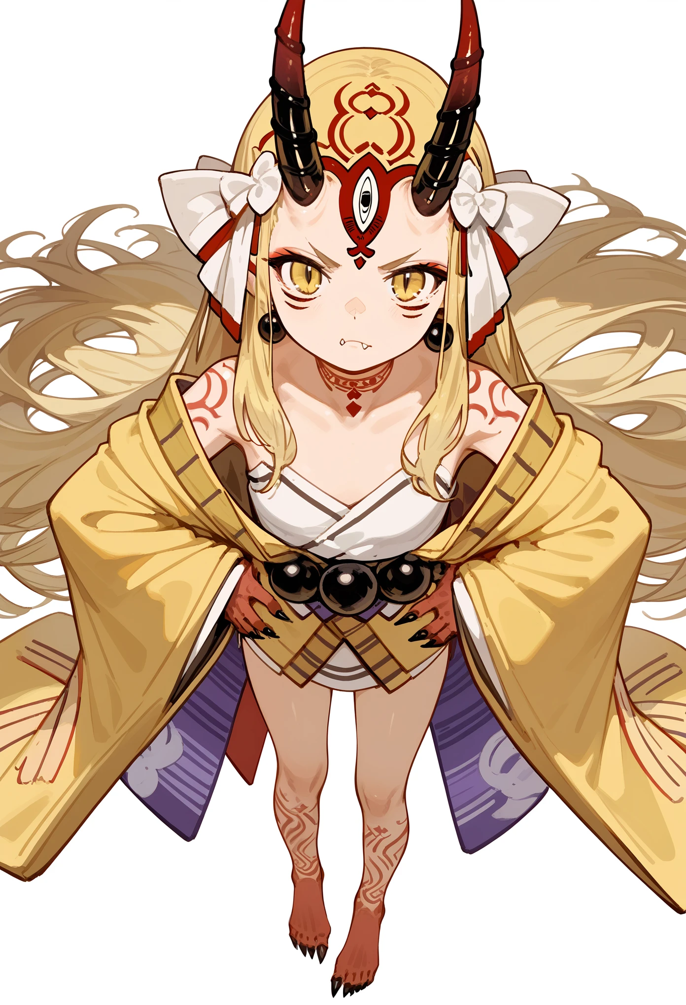 1girl, long hair, blonde hair, sidelocks, yellow eyes, pointy ears, facial mark, tattoo, forehead mark, oni, horns, sharp fingernails, japanese clothes, yellow kimono, headdress, feathers, earrings, jewelry, beads, off-shoulder, wide sleeves, barefoot, serious, closed mouth, fang, standing, hands on hips, above view, looking at viewer, score_9, score_8_up, score_7_up, masterpiece, Very aesthetic, best quality, white background 