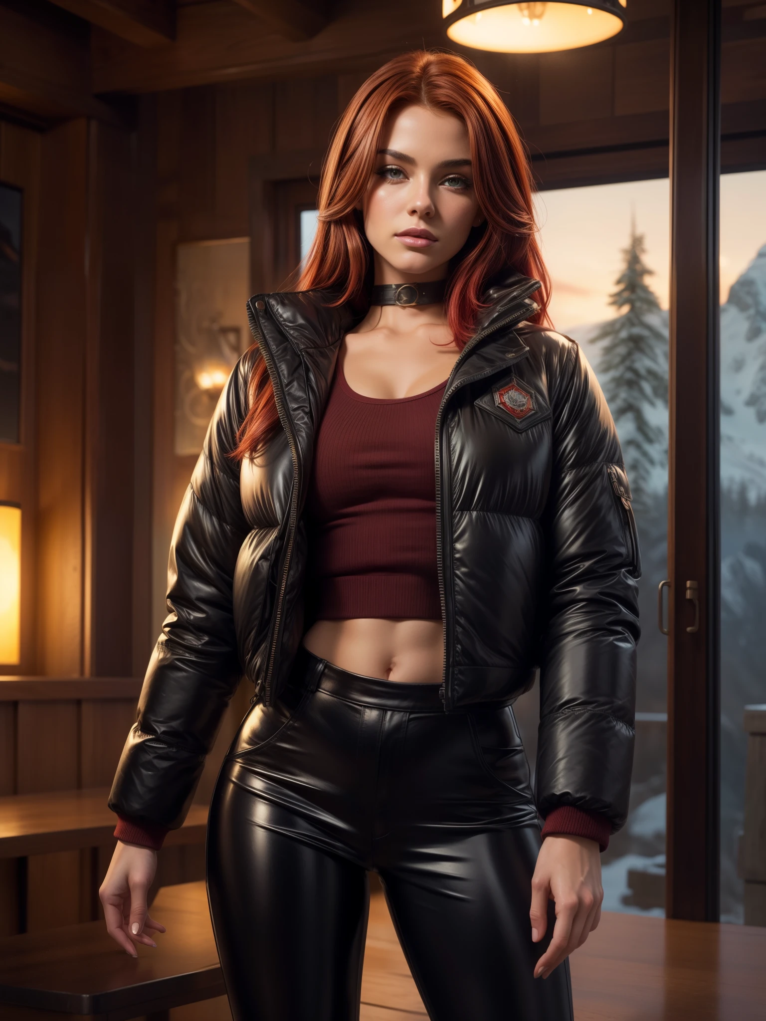 photorealism, full body, a beautiful woman with crimson hair, leather puffer down jacket & latex pants, leather choker, beautiful realistic eyes; fantastic face, beautiful look, warm dreamy lighting, white background, volumetric lighting, Alaskan resort landscape sunset background, pulp adventure style, fluid acrylic, dynamic gradients, vivid color, highly detailed, simple, smooth and clean, smooth, character design, 3d shading, cinematic, ornate patterns, elegant organic framing, hyperrealism, posterized, collection of masterpieces, lush vivid colors, twilight, wet gouache