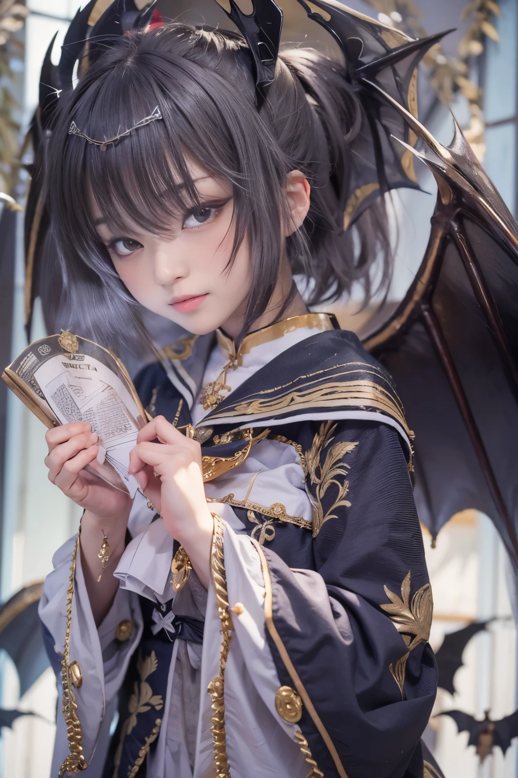 masterpiece、highest quality、8k、Extremely realistic photos、cool、Sharp Eye、Slit eyes、tooth、Double teeth、Japanese women、Very beautiful face、Sailor suit、student、Dark Skin、Gray Hair、short hair、gloss々Texture、Large bat wings、Extremely intricate details、Professional Lighting、Sexy pose