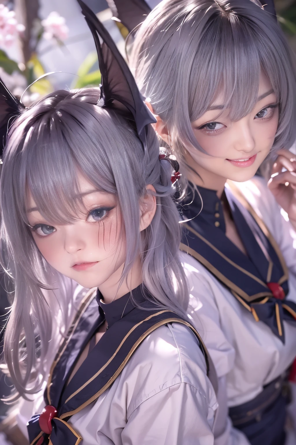 masterpiece、highest quality、8k、Extremely realistic photos、cool、Sharp Eye、Slit eyes、tooth、Double teeth、Japanese women、Very beautiful face、Sailor suit、student、Dark Skin、Gray Hair、short hair、gloss々Texture、Large bat wings、Extremely intricate details、Professional Lighting、Sexy pose
