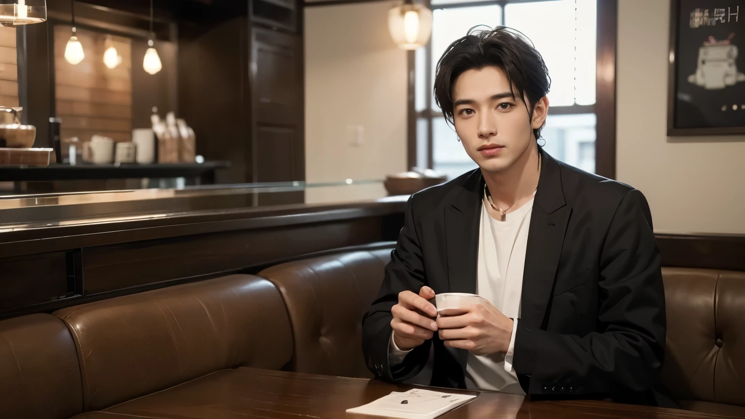((Carefully recreate the length and detail of the fingers on the man's left hand))musician、breeze, Handsome man in his 40s、(Super handsome S-class guy)、Japanese man, 40 years old、、Photos taken at the cafe、Handsome man、(CG Unity 8K High Resolution Photos)、(Very detailedSHandsome man sex in class)、(Practical)、(best quality))、Very detailed、super high quality、expensive、audience、Good people、Very beautiful hair Perm、Bright photos、As handsome as a model、As handsome as an idol、Looking at the camera、In a trendy cafe、stubble