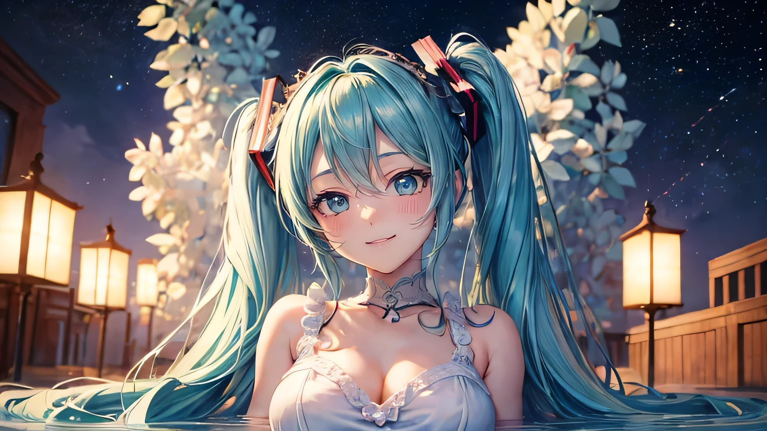 (oil, masterpiece, highest quality, Super detailed, Focus on the characters), Hatsune Miku、Smiling Kindly、Detailed facial expression depiction，Detailed hair depiction,([return:0.8]|[ face facing returnwards:1.1]), Super big breasts,
Cute loungewear,([Starry Sky Scenario:1.2]|[ ground:1.3]| [High Contrast:1.1])  