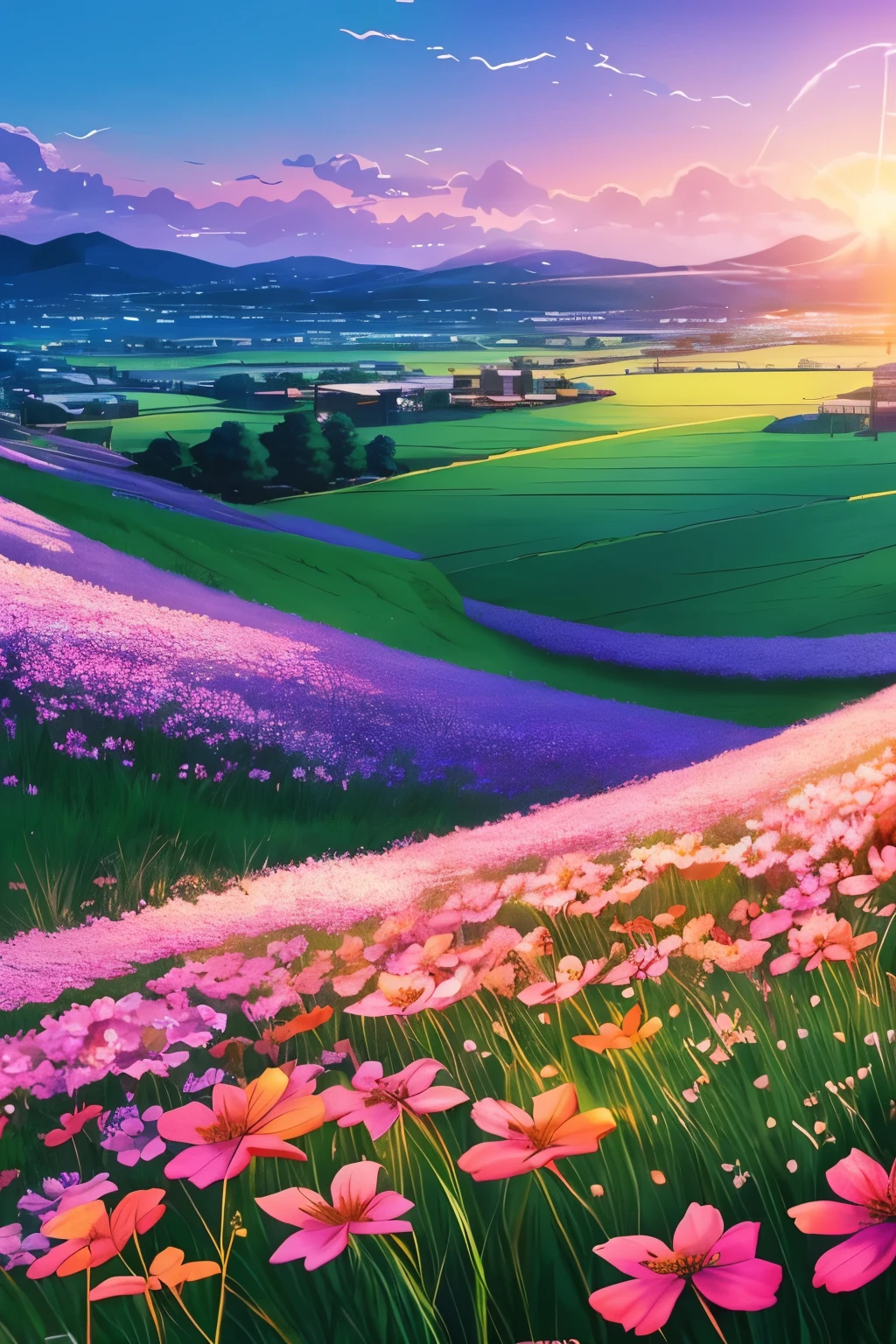 flowers in the grass with a sunset in the background, concept art by Makoto Shinkai, trending on cgsociety, conceptual art, 🌺 cgsociety, ross tran. scenic background, beautiful anime scene, beautiful illustration, anime. by makoto shinkai, cosmic skies. by makoto shinkai, by makoto shinkai, anime beautiful peace scene