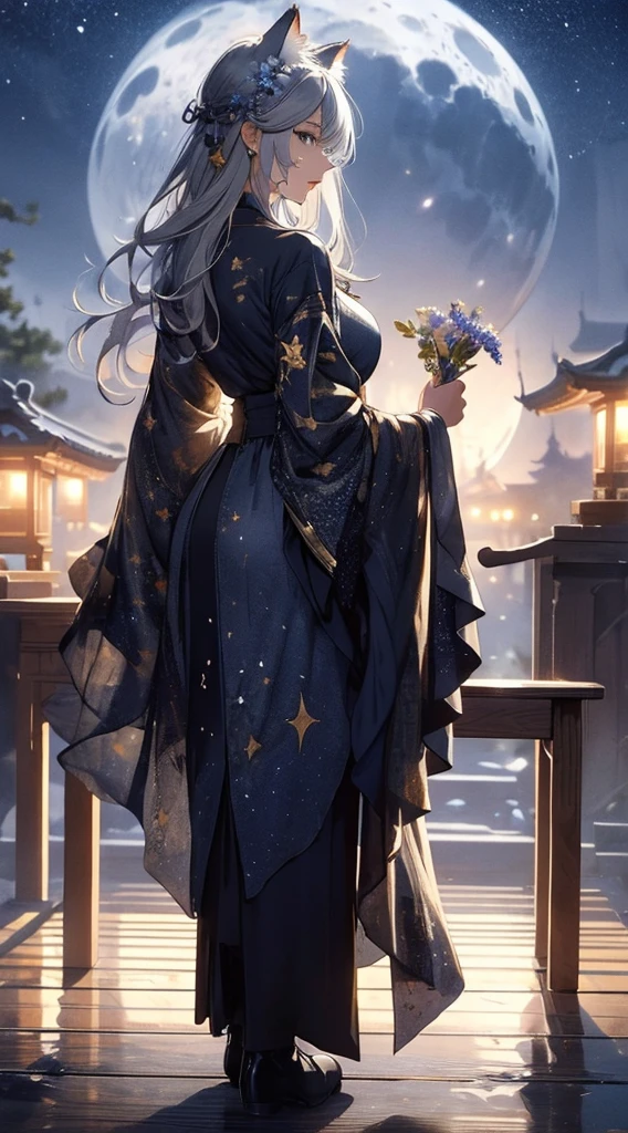 masterpiece, high quality, 4K, Beautiful design, Back view,silhouette,Gray Hair, 非常に詳細な夜のStarry Sky,Flower Field, wonderful, Finer details, Very knowledgeable woman, Highly detailed solo, 1 female,Cat ear,Big Breasts,Shrine maiden costume,Night view,Starry Sky,full moon,