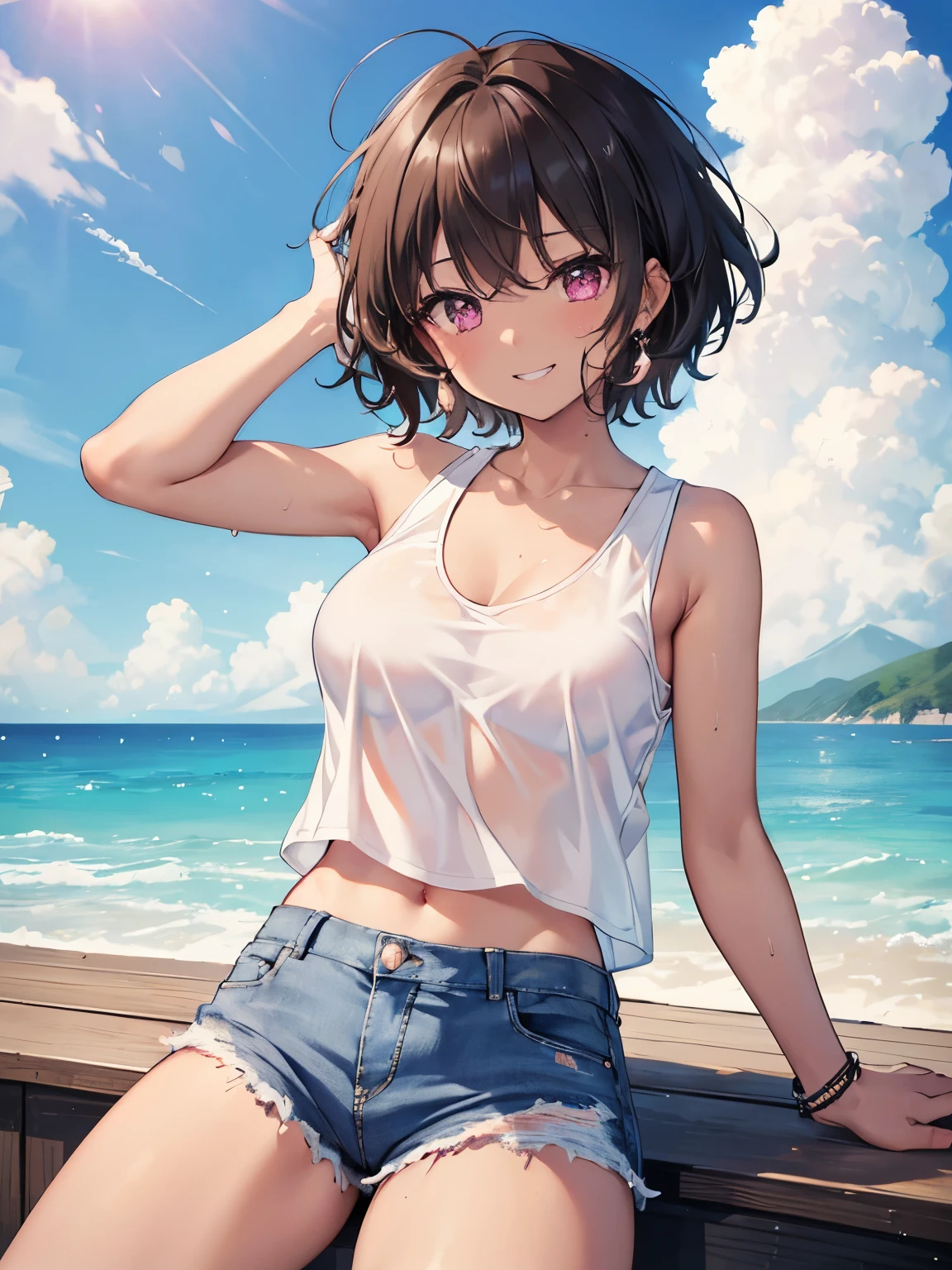 (8K, Highest quality, Highest quality, masterpiece), Detailed face, One Girl, (Brown Skin:1.2), Black Hair, short hair, (Pink Eyes, Sweat:1.2), Grin, (White tank top, Denim hot pants:1.2), Beach, cloud, Wind, big, Upper Body, water droplets,