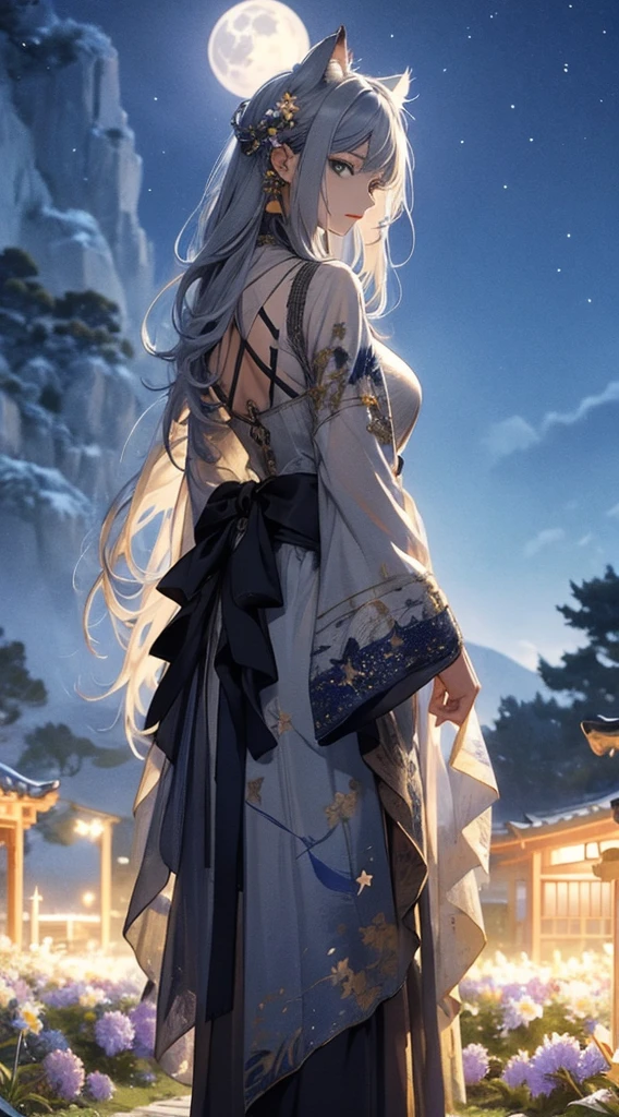 masterpiece, high quality, 4K, Beautiful design, Back view,silhouette，Gray Hair， 非常に詳細な夜のStarry Sky,Flower Field， wonderful, Finer details,  Very knowledgeable woman, Highly detailed solo, 1 female,Cat ear，Big Breasts，Shrine maiden costume，Night view，Starry Sky，full moon，