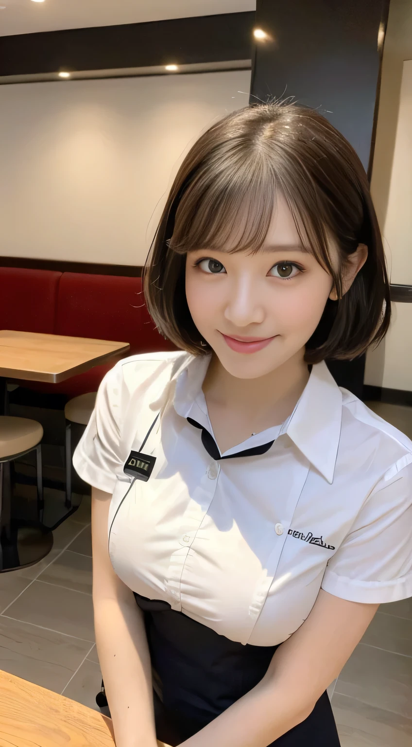 ((Natural light, top quality, 8k, masterpiece: 1.3)), crisp focus, 1 girl, slim beauty: 1.2, brown hair, with bangs, (short hair cut in layers), (big: 1.5), detailed eyes, beautiful eyes with a long cut, double eyelids, (cat face), (cute face), cute smile, (closed mouth), (cute), soft skin, reflecting the whole body, ultra-realistic, super detailed, high quality, (( A beautiful short-haired waitress who comes to the table to take orders)), ((Detailed very cute waitress uniform)), ((Big that can be seen even from the top of the uniform))))