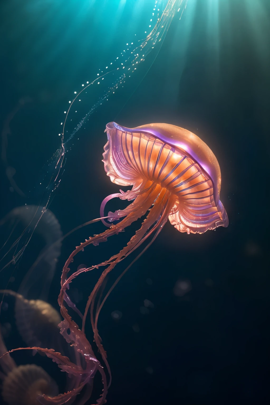 Close-up of a prominent jellyfish, ((glowing in deep blue with hints of purple, green, pink, and orange)), near the ocean's surface, ((with light filtering through the water)). The jellyfish's translucent body shimmers in the ethereal light, ((creating a mystical and serene mood)). Four other jellyfish are visible in the soft-focused background, ((accentuating the sense of depth and diversity)). Delicate seahorses gracefully move among the jellyfish, adding to the enchanting scene. The aspect ratio is 9:16, ((style: realistic, style: raw)). ((Quality exce