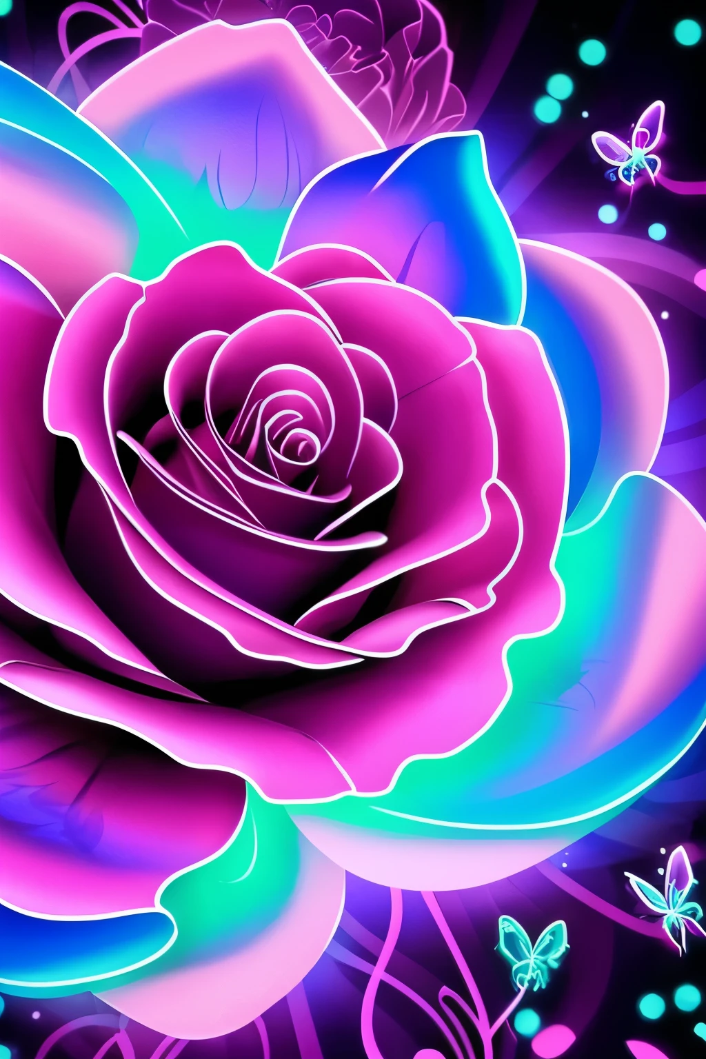 a purple rose with a butterfly on it surrounded by flowers, glowing neon flowers, glowing delicate flower, beautiful!!! digital art, glowing flowers, magical flowers, glowing blue, neon flowers, neon light and fantasy, blue rose, luminous flowers, beautiful gorgeous digital art, beautiful flowers and crystals, blue and pink colors, beautiful!!!!!!!!!, beautiful color art!, magical colorful flowers