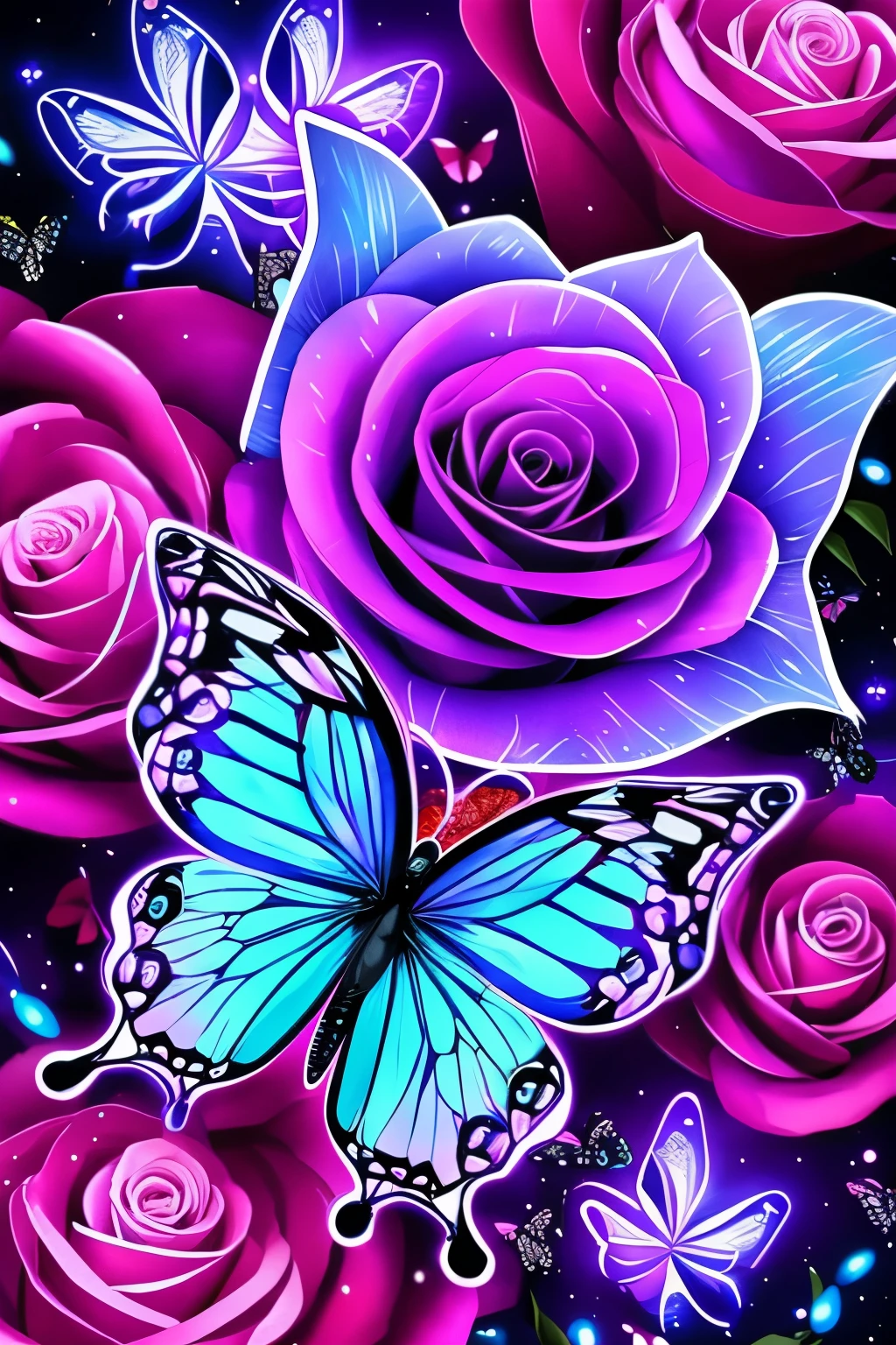 a purple rose with a butterfly on it surrounded by flowers, glowing neon flowers, glowing delicate flower, beautiful!!! digital art, glowing flowers, magical flowers, glowing blue, neon flowers, neon light and fantasy, blue rose, luminous flowers, beautiful gorgeous digital art, beautiful flowers and crystals, blue and pink colors, beautiful!!!!!!!!!, beautiful color art!, magical colorful flowers
