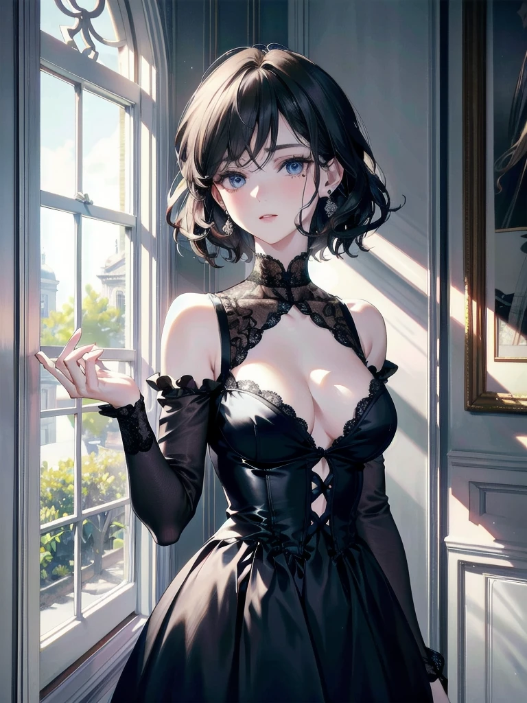 absurdres, RAW photo, extremely delicate and beautiful, masterpiece, Best Quality, ultra high resolution, 32k, hyperrealistic, ultra-detailed, detailed description, pale skin, 20 years old, detailed beautiful face and eyes, tearful mole, earring, (Colossal tits), short medium hair, wavy hair, (full body shot), alone, Victorian, dress,