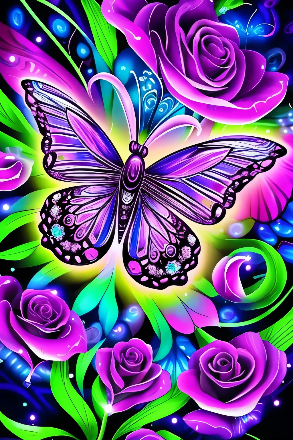 a purple rose with a butterfly on it surrounded by flowers, an airbrush painting by Lisa Frank, flickr, psychedelic art, glowing neon flowers, glowing delicate flower, beautiful!!! digital art, glowing flowers, magical flowers, glowing blue, neon flowers, neon light and fantasy, blue rose, luminous flowers, beautiful gorgeous digital art, beautiful flowers and crystals