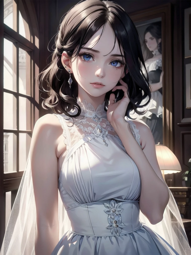 absurdres, RAW photo, extremely delicate and beautiful, masterpiece, Best Quality, ultra high resolution, 32k, hyperrealistic, ultra-detailed, detailed description, pale skin, 20 years old, detailed beautiful face and eyes, tearful mole, earring, (Colossal tits), short medium hair, wavy hair, (full body shot), alone, Victorian, dress,