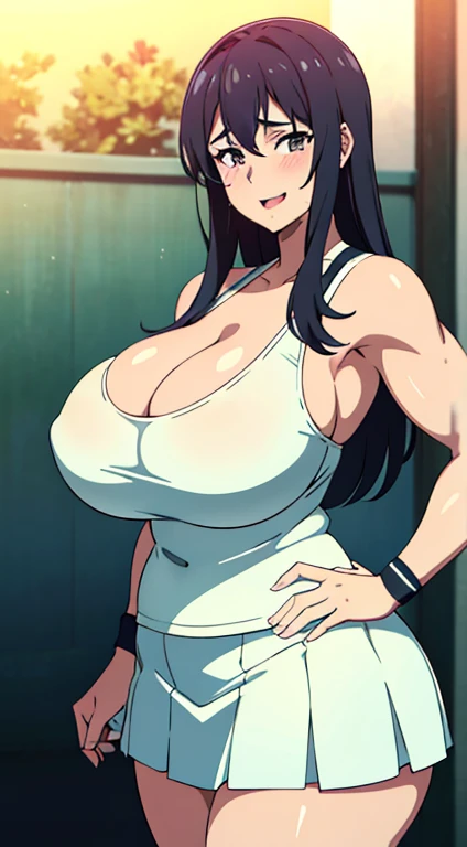 high quality, masterpiece, (Photographic Realism:1.4), 8k, Big breasts, Seductive anime woman, OPPEIN PROPORTION, Reality, Perfect body, sexy body, Curvy body, Naughty anime style, full, Cartoon style body, Big ass of a married woman, Married woman atmosphere, Mom size, (Big Breasts:1.5), Huge breasts, (Smile), Aroused, (muscular:1.2), Breast enlargement, Thick thighs, Krafji, ((tennis player)), 37 years old, (White tennis clothes), Miniature skirt,((Awkward, blush, charming, Close your eyes, open mouth,Tongue,with tears in eyes, Saliva residue,The hem of the skirt is wet, Brushed,)Large Breasts、Low-cut,Cleavage, Wide hips,)The Last Vision, Ultra-high resolution,4K,Super detailed, photography, 8k, HDR, high resolution, absurd:1.2, Kodak Portrait 400, Film Grain, Blurred background, Bokeh:1.2, lens flare, (Energetic_color:1.2),专业photography师