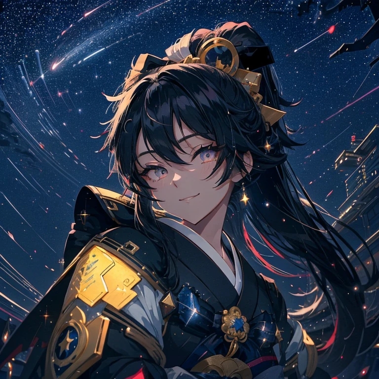 An anime-style beauty, around 20 years old, Japanese, with long black hair, vivid eyes that sparkle, a smiling face, set against a nighttime backdrop with a full moon and a beautiful starry sky.