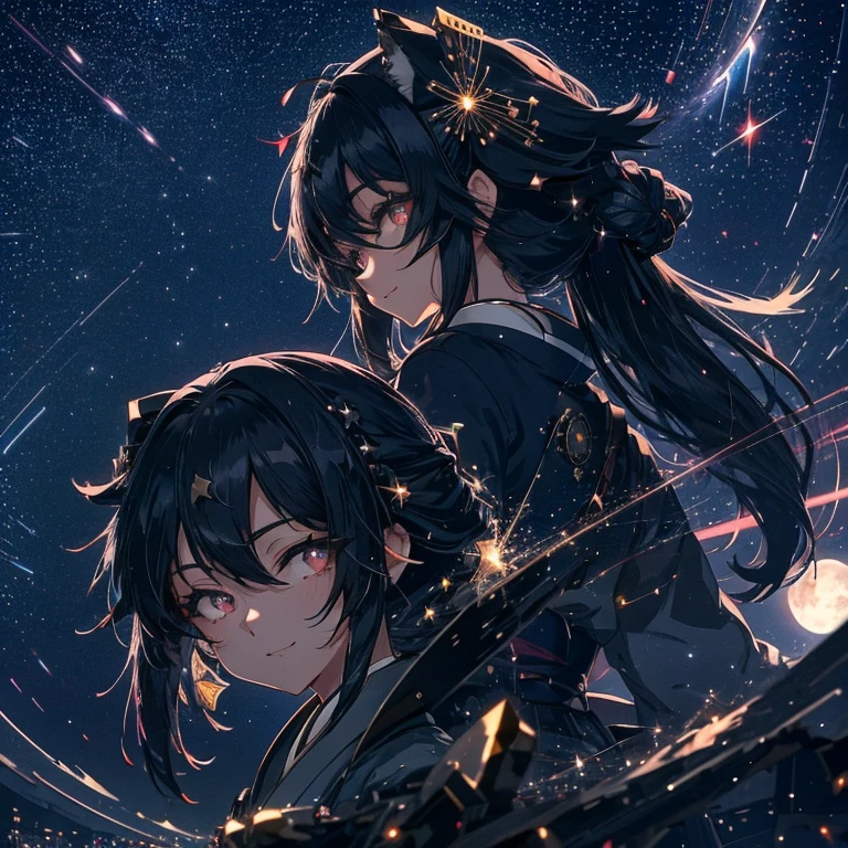 An anime-style beauty, around 20 years old, Japanese, with long black hair, vivid eyes that sparkle, a smiling face, set against a nighttime backdrop with a full moon and a beautiful starry sky.