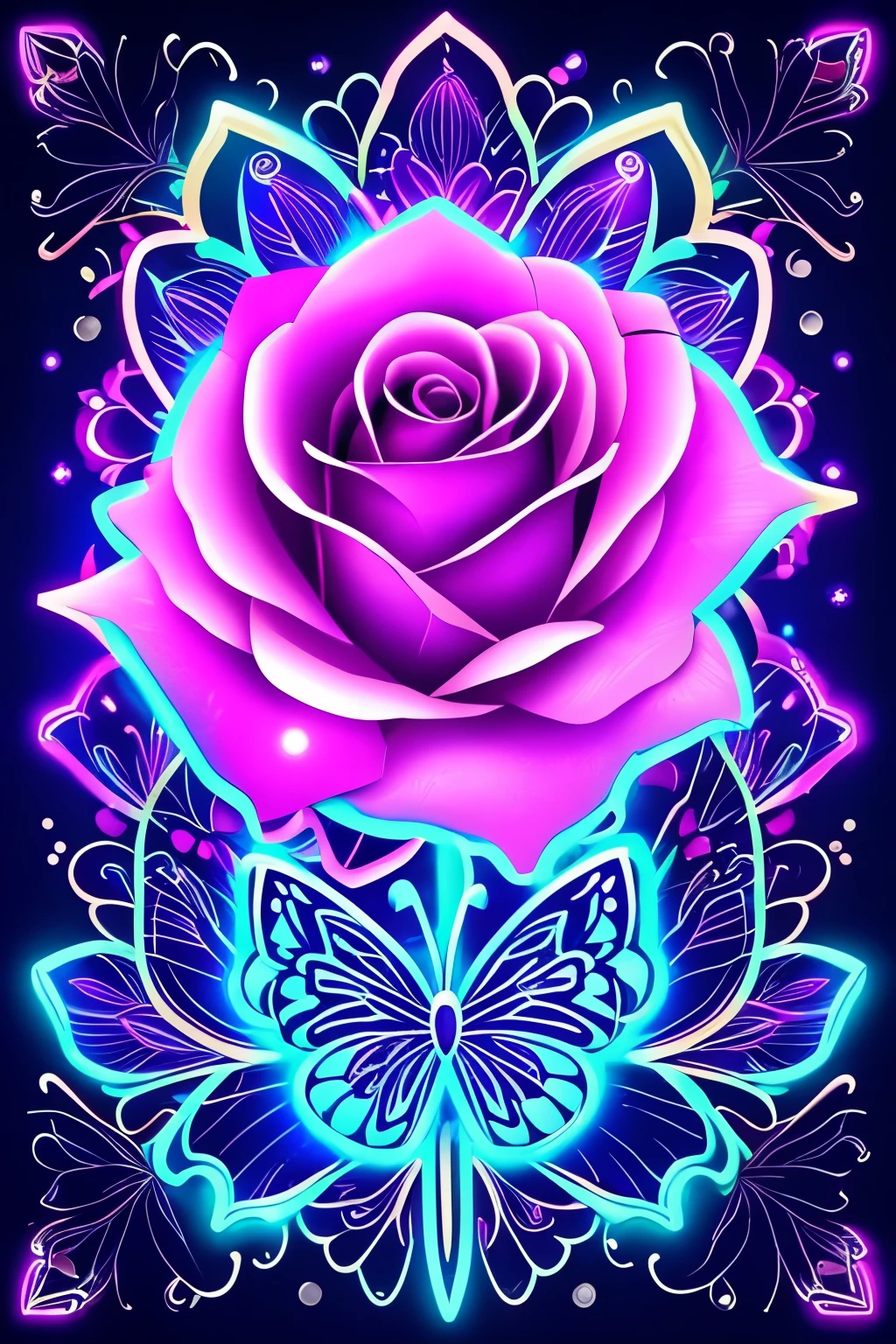 a purple rose with a butterfly on it surrounded by flowers, glowing neon flowers, glowing delicate flower, beautiful!!! digital art, glowing flowers, magical flowers, glowing blue, neon flowers, neon light and fantasy, blue rose, luminous flowers, beautiful gorgeous digital art, beautiful flowers and crystals, blue and pink colors, beautiful!!!!!!!!!, beautiful color art!, magical colorful flowers