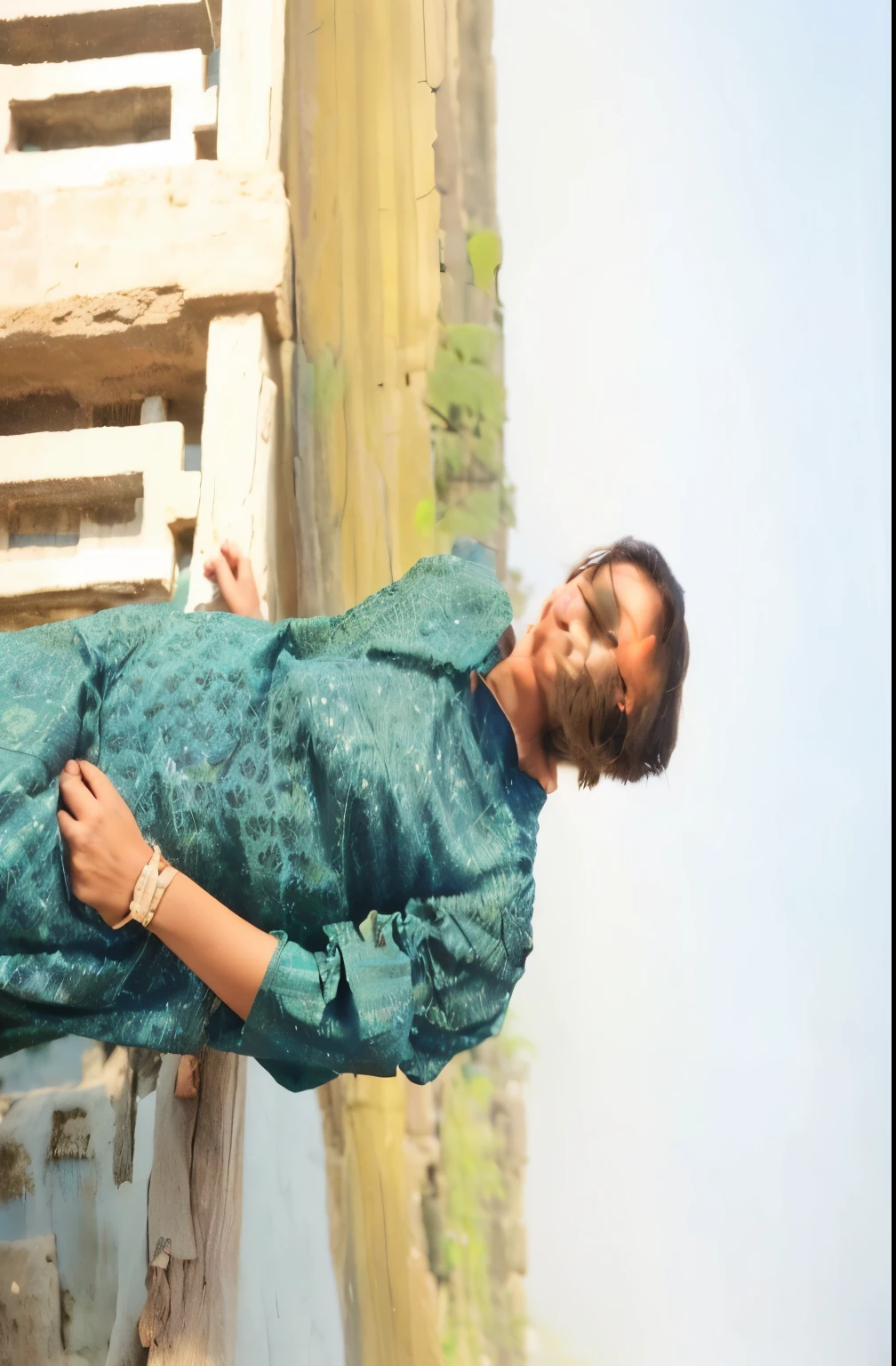 there is a woman standing on a wooden bench in a green dress, wearing a silk kurta, wearing a kurta, at an ancient city, with lovely look, very very low quality picture, at khajuraho, with village, with a cool pose, candid picture, inspired by Saurabh Jethani, in a scenic background, inspired by Sudip Roy