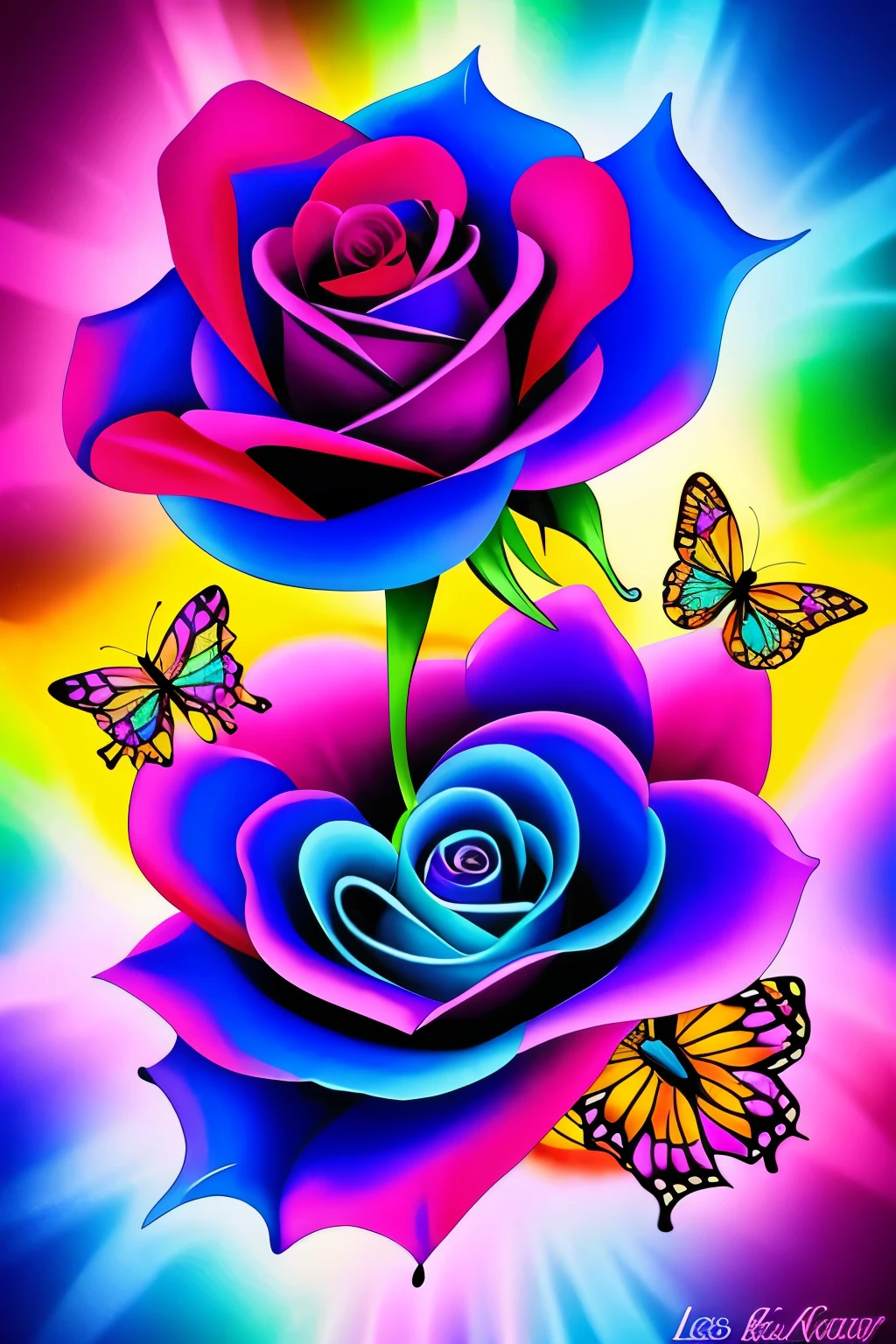 a purple rose with a butterfly on it surrounded by flowers, an airbrush painting by Lisa Frank, flickr, psychedelic art, glowing neon flowers, glowing delicate flower, beautiful!!! digital art, glowing flowers, magical flowers, glowing blue, neon flowers, neon light and fantasy, blue rose, luminous flowers, beautiful gorgeous digital art, beautiful flowers and crystals