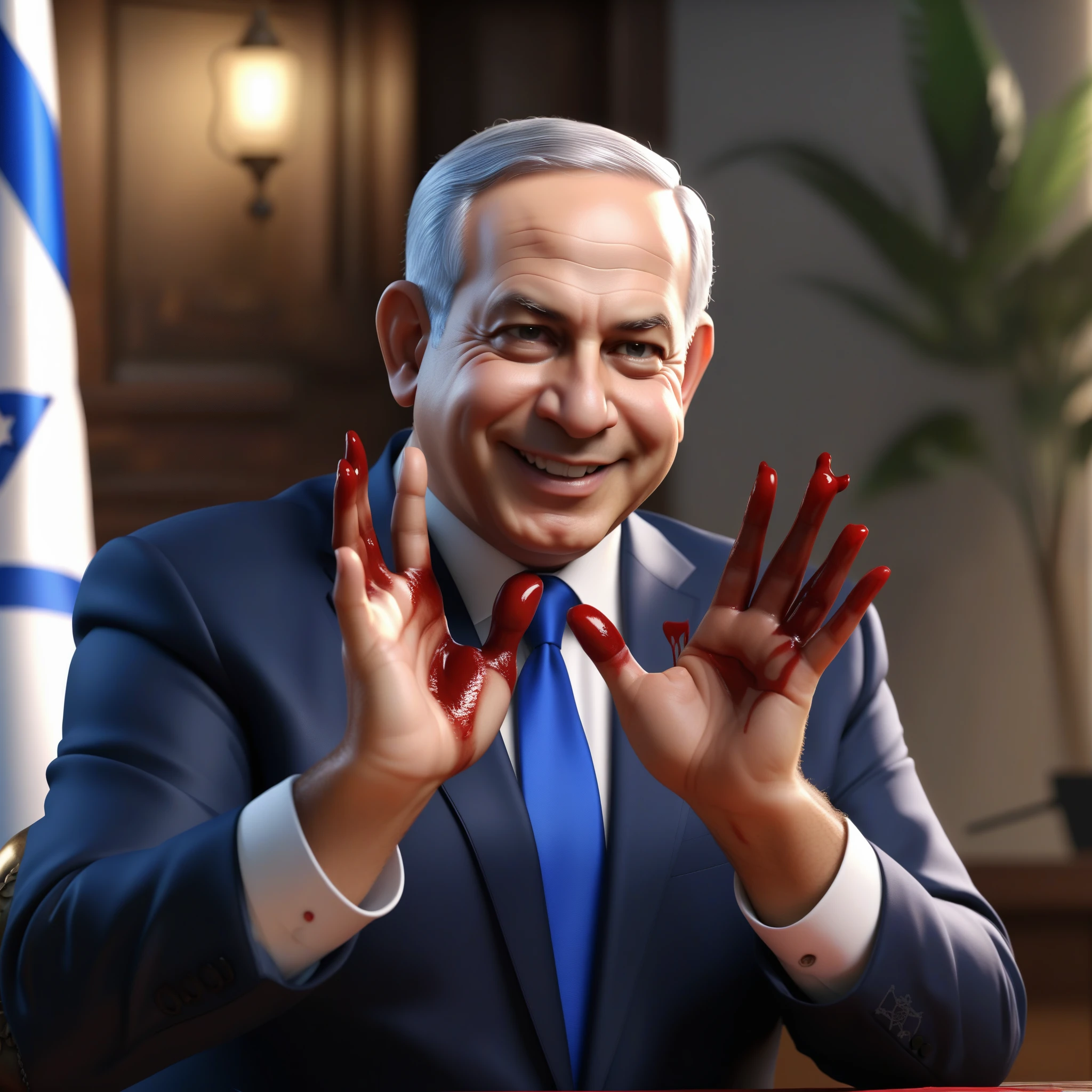 (masterpiece:1.2) (photorealistic:1.2) (bokeh) (best quality) (detailed skin) (intricate details) (8k) (high poly) (ray tracing) (cinematic lighting) (sharp focus),( full body:1.2), (half body:1.2) The truth of clean smiling Benjamin Netanyahu (trying to wipe blood from his hands:1.4), (malevolence:1.2) Israel flags