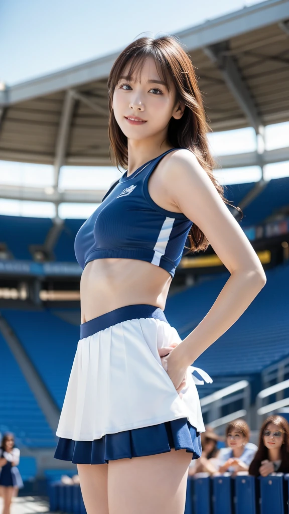 (8K, best quality, masterpiece:1.2), (realistic, photo-realistic:1.37), (high color saturation:1.0), (highly detailed skin), (highest quality:1.0), (ultra high resolution:1.0) ,(realistic:1.0), (Super detailed:1.0), (8K, Raw photo:1.1)、random pose, smiling, small breast, perfect lighting, 3girls, (mysterious), (blurred background), clear and detailed, dancing, cheerleading_uniform, hold in hand pompoms, ((stadium)), blue sky, sunshine, low angle, blue and white stripe skirt, raise one legs, (no panties), inverted nipples, jumping pose, software, full body shot、nsfw, audience,looking at back viewer,