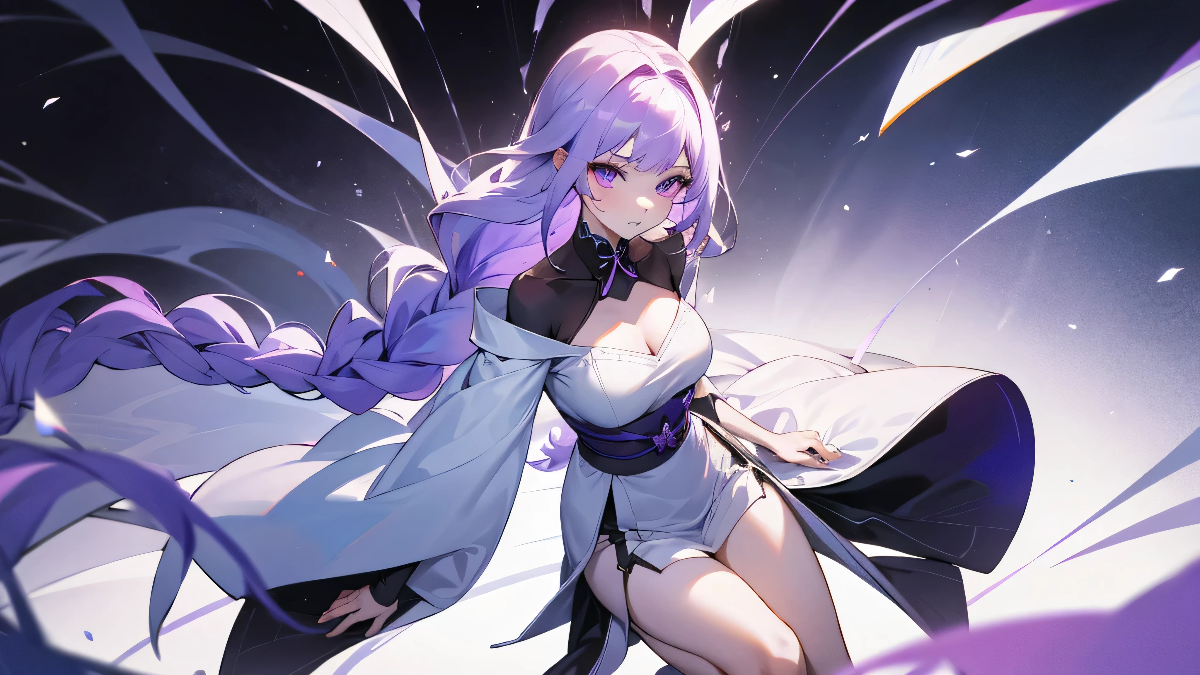 Anime woman 5' 7" tall, 35 years old, firm body and medium breasts, has snow-white hair and wine-colored (purple) eyes, her clothing is completely white without adornments, having two hems of blades on your back