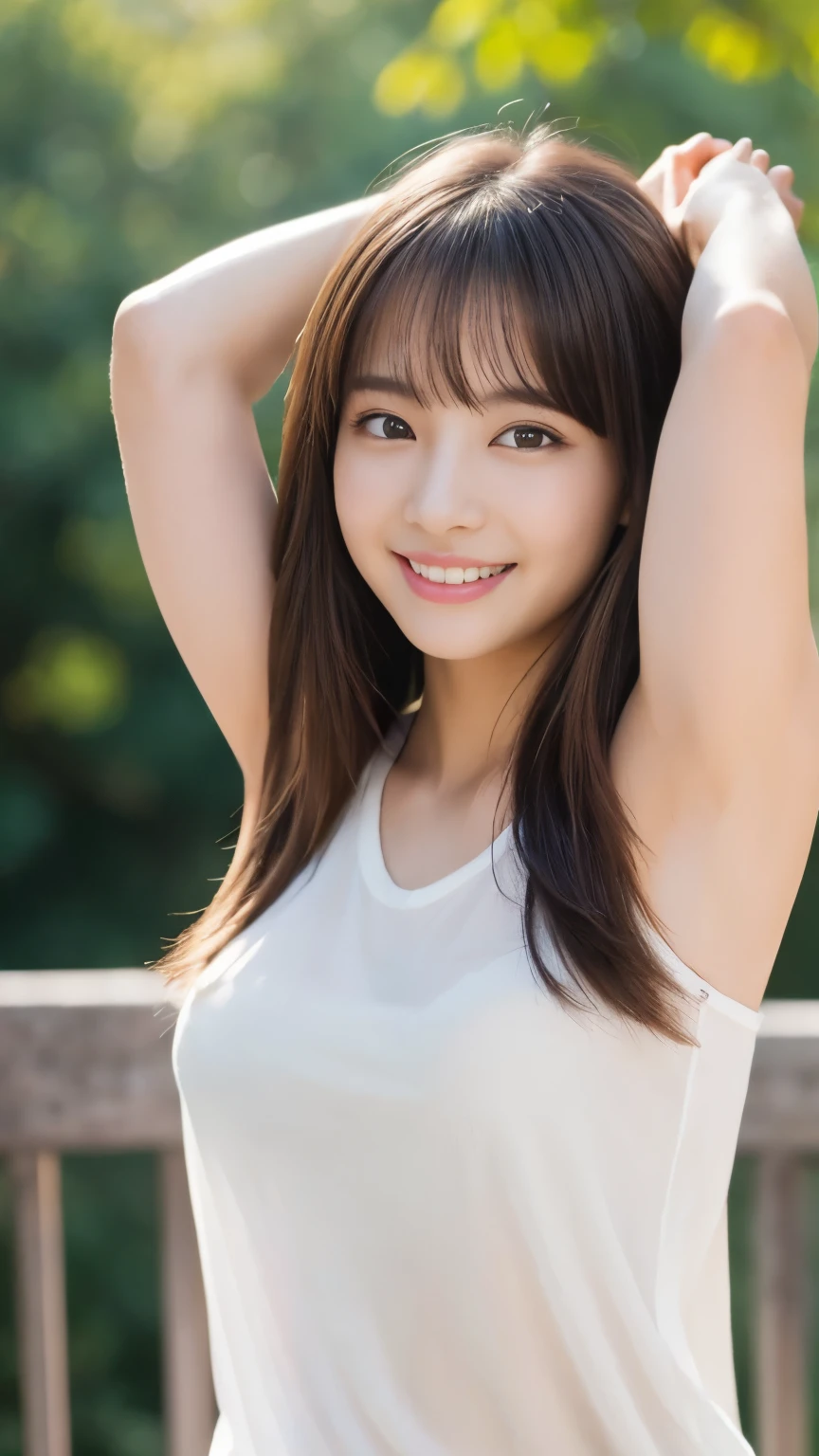 masterpiece, best quality, ultra high res, ultra detailed, sharp focus, 1girl, solo, a stunning pretty and beautiful Japanese sexy model, 19yo, looking at viewer:1.3, (bright smile:0.6), wearing a (blouse), dusk, sunset, night, realistic, slender, (standing:1.1), (looking at the viewer:1.3), sexy gaze, blush, (upper body shot:1.6), medium hair, messy hair, asymmetrical bangs, light brown hair, messy hair style, ((Pure white shirt、Hands behind head、smile:1.5、Clothes are see-through))