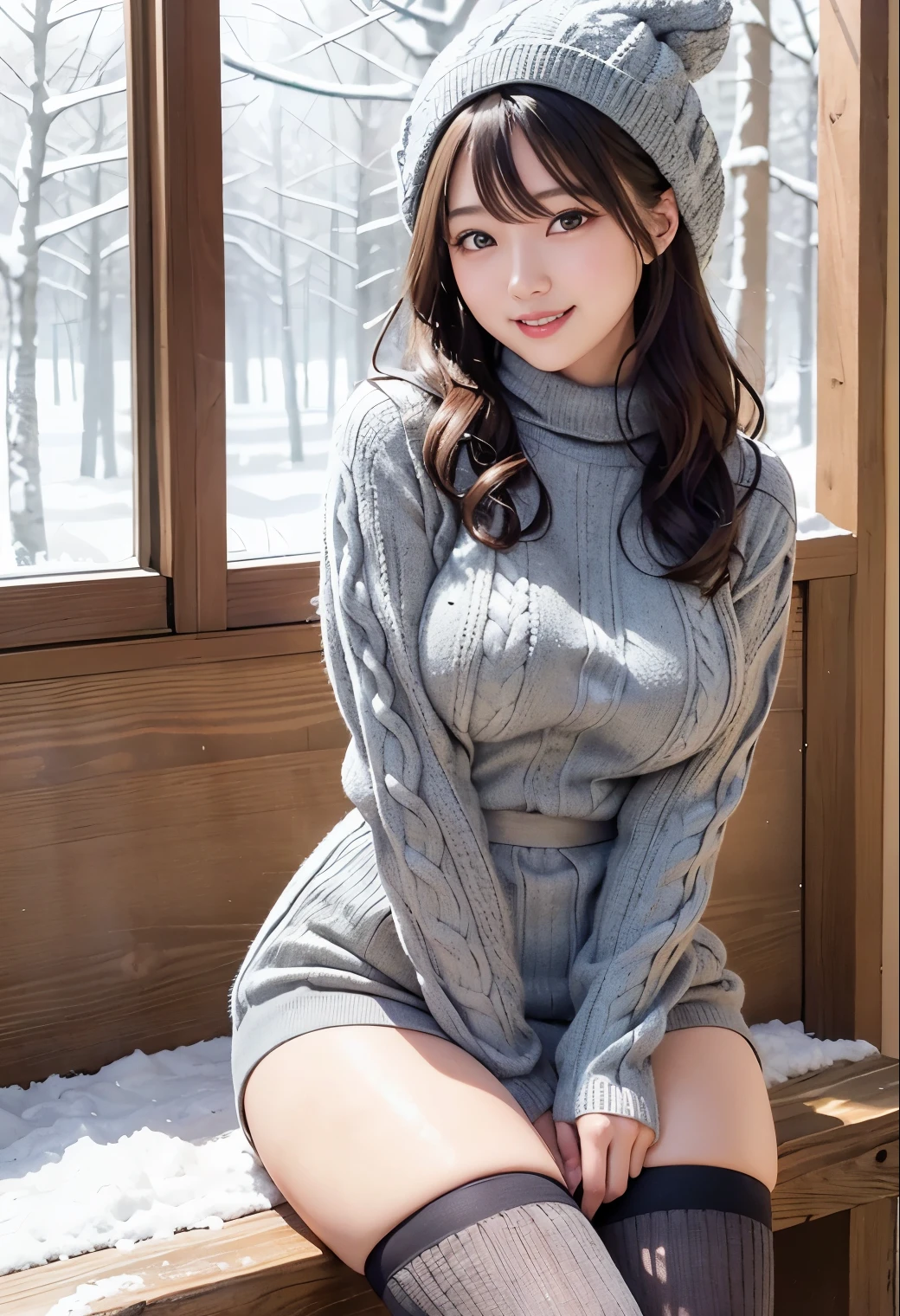 (highest quality,masterpiece:1.3,Ultra-high resolution),(Very detailed、Caustics) (Realistic:1.4, RAW shooting、)Ultra-Realistic Capture、Very detailed、Natural skin texture、masterpiece、(One Japanese girl wearing a grey long cable knit sweater and black high waist stockings:1.3)、Adorable expression、Expressions of Happiness、、Young Face、Agly cute、Grey knitted hat、Curly Hair、Black Hair、light makeup、Busty and bursting、Shining thighs、Shooting in the winter forest、Snow Scene、smile、An inviting gaze、Cowboy Shot、Anatomically correct、Attention to detail、