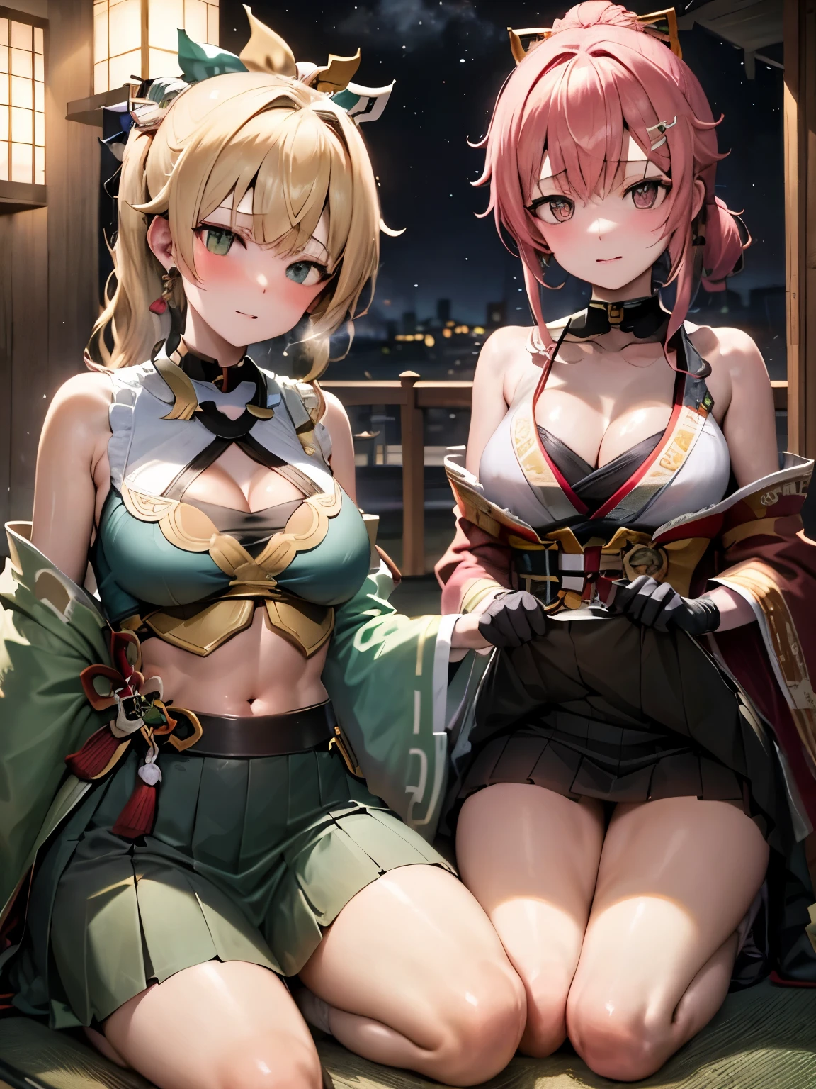 NSFW,Hololive,Kazema Iroha,Blonde,ponytail,hair ornaments,Headband,kimono,(Bleaching:1.3),Haori,Belly button cover,Black gloves,Pleated skirt,Green skirt,White knee socks,Cleavage,Skirt Lift,seiza,Embarrassed,blush,Expectant gaze,Mansion at night,Japanese-style room,Futon,(Perfect hands),(Perfect Anatomy),(masterpiece),(highest quality)