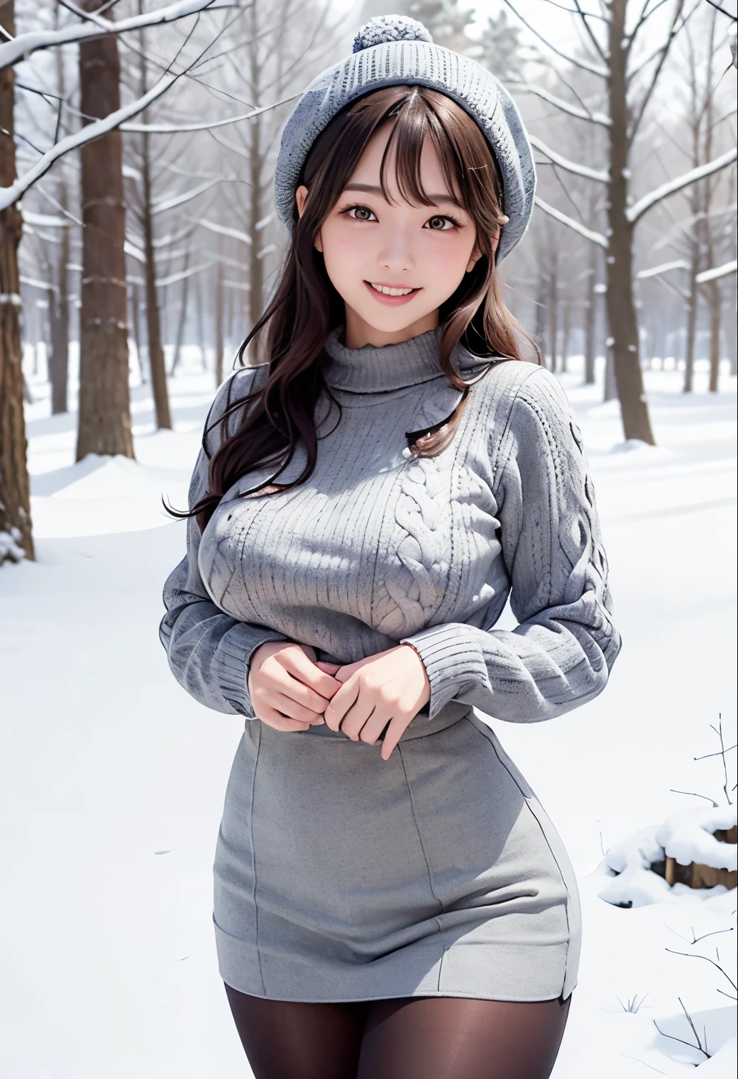 (highest quality,masterpiece:1.3,Ultra-high resolution),(Very detailed、Caustics) (Realistic:1.4, RAW shooting、)Ultra-Realistic Capture、Very detailed、Natural skin texture、masterpiece、(One Japanese girl wearing a grey long cable knit sweater and black high waist stockings:1.3)、Adorable expression、Expressions of Happiness、14 years old、Young Face、Amazingly cute、Grey knitted hat、Curly Hair、Black Hair、light makeup、Busty and bursting、Shining thighs、Shooting in the winter forest、Snow Scene、smile、An inviting gaze、Cowboy Shot、Anatomically correct、Attention to detail、