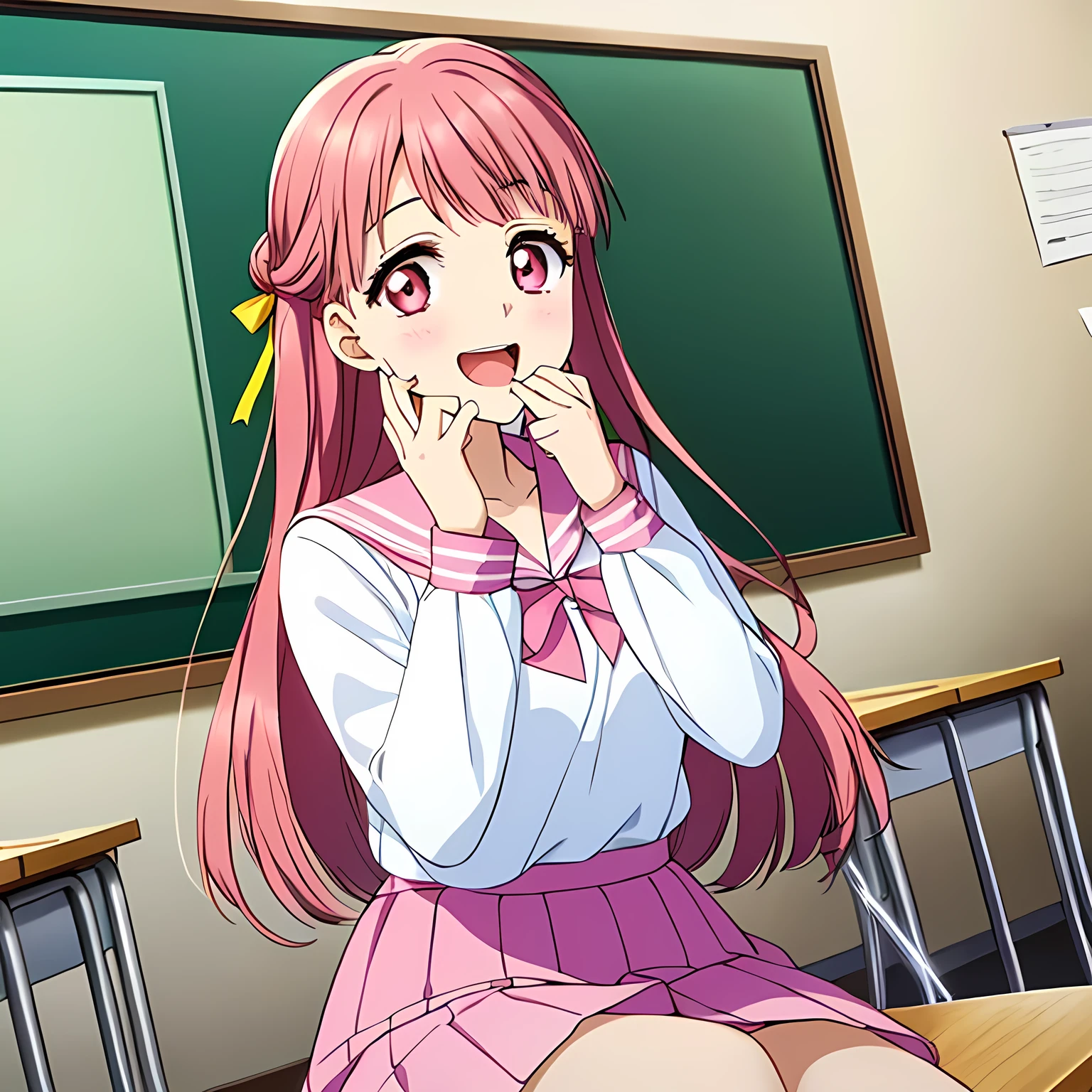 highest quality, (masterpiece:1.2), Very detailed, ((Very beautiful beautiful girl1A person is sitting in a classroom smiling sweetly and seducing the viewer)), (()), (((Beautiful long, very shiny peach-colored hair))), She has a big yellow ribbon in her hair., ((Pink sailor suit)), ((Pink pleated long skirt)), ((pinkish white blouse)), puffed sleeves with ivory ribbon on sleeves, (((laughing at me!))), ((((Very beautiful and shining deep pink eyes)))), ((Very long eyelashes)), Big yellow ribbon bowtie, ((An elegant and gentle expression like a noble princess)), ((Laughing with mouth open)), ((The white light illuminates her face, her beautiful expression and her beautiful hair.)), ((slender)), Very good posture