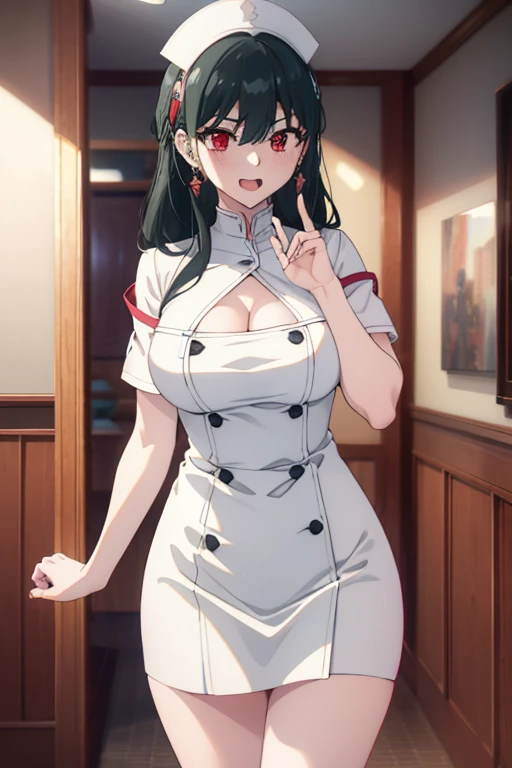 Yorub layer, Your thorn, Black Hair, (Red Eyes:1.5), earrings, Kaneko , Long hair, (Medium breasts:1.2),happy Smile, Smile,  ,透明和pink乳胶, High Leg Raise, cleveage, kneel, pink, Nurse cap, Nurse, （（Awkward, blush, charming, Close your eyes, open mouth，Tongue，with tears in eyes, Saliva residue,The hem of the skirt is wet, Brushed,）Large Breasts、Low-cut，Cleavage, Wide hips,）The Last Vision, Ultra-high resolution,4K,Super detailed, photography, 8k, HDR, high resolution, absurd:1.2, Kodak Portrait 400, Film Grain, Blurred background, Bokeh:1.2, lens flare, (Energetic_color:1.2),专业photography师
rest indoors,Hospital,
rest looking at viewer, (Cowboy shooting:1.5),
rest (masterpiece:1.2), best quality, high resolution, Unity 8K wallpaper, (number:0.8), (Delicate and beautiful eyes:1.6), The face is rich in detail, Perfect lighting, Very detailed CG, (Perfect hands, Perfect anatomical structure),