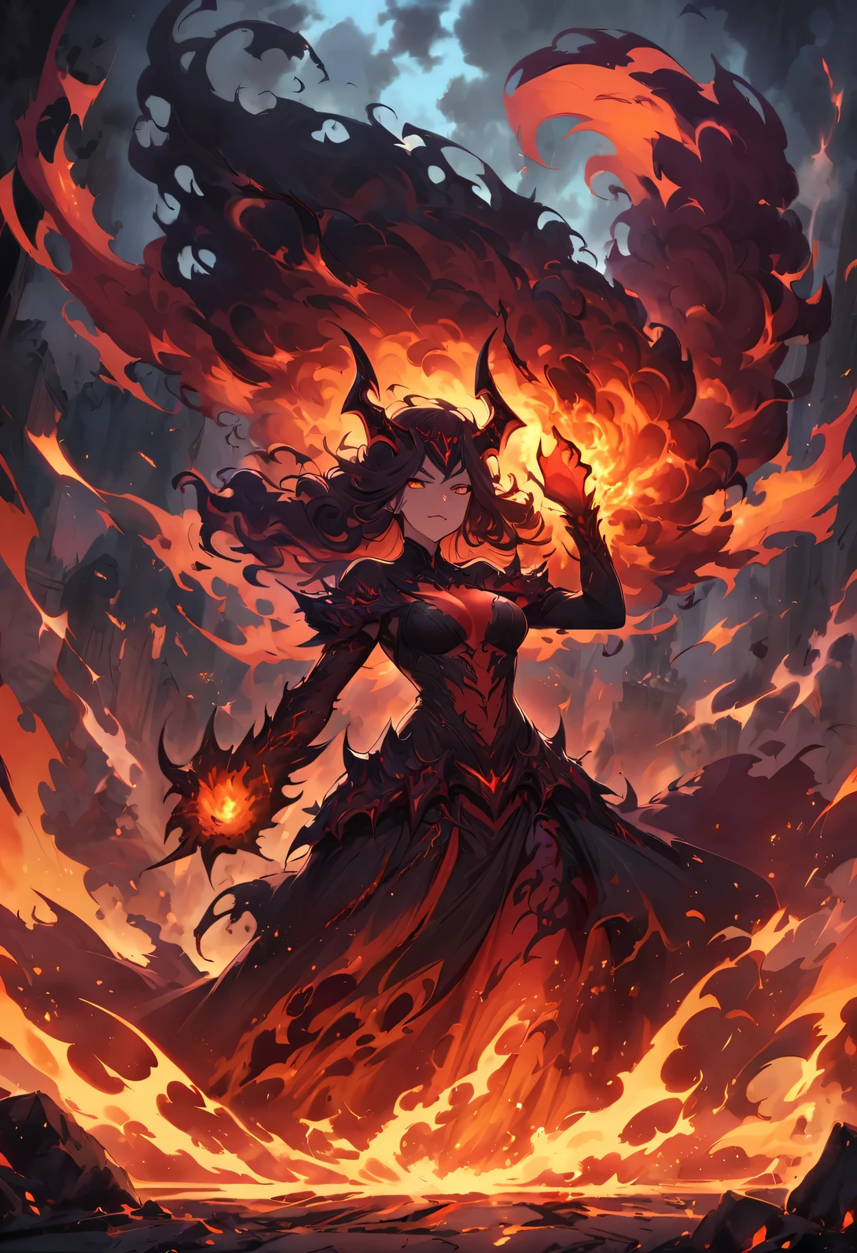 female Lava Demon,gorgeous detailed eyes,beautiful detailed lips,fire-like appearance,shimmering lava body,curly fiery hair,dark fantasy setting,sinister atmosphere,gloomy lighting,ominous shadows,crumbling ruins,ancient symbols,fiery cracks on the ground,smoke and embers in the air,ominous glowing eyes in the darkness,demonic horns on the head,molten lava flowing from the cracks,glowing ember sparks floating around,fiery wings unfolding from the back,mysterious smoke swirling around,red and orange color palette,ominous dark clouds in the sky,fiery glow illuminating the surroundings,demonic energy radiating from her,fierce expression on her face,dark and menacing presence,demonic power emanating from her,aura of destruction and chaos,ominous whispers echoing in the air,majestic and powerful stance,wrathful and intense gaze,fiery lava claws and sharp talons,dark magical flames enveloping her,mystical symbols glowing on her body,demonic energy surging through her veins,enchanted lava trinkets and jewelry adorning her,flaming aura creating a turbulent heatwave,blazing lava streams forming a magical barrier,roaring inferno surrounding her,devastating power waiting to be unleashed