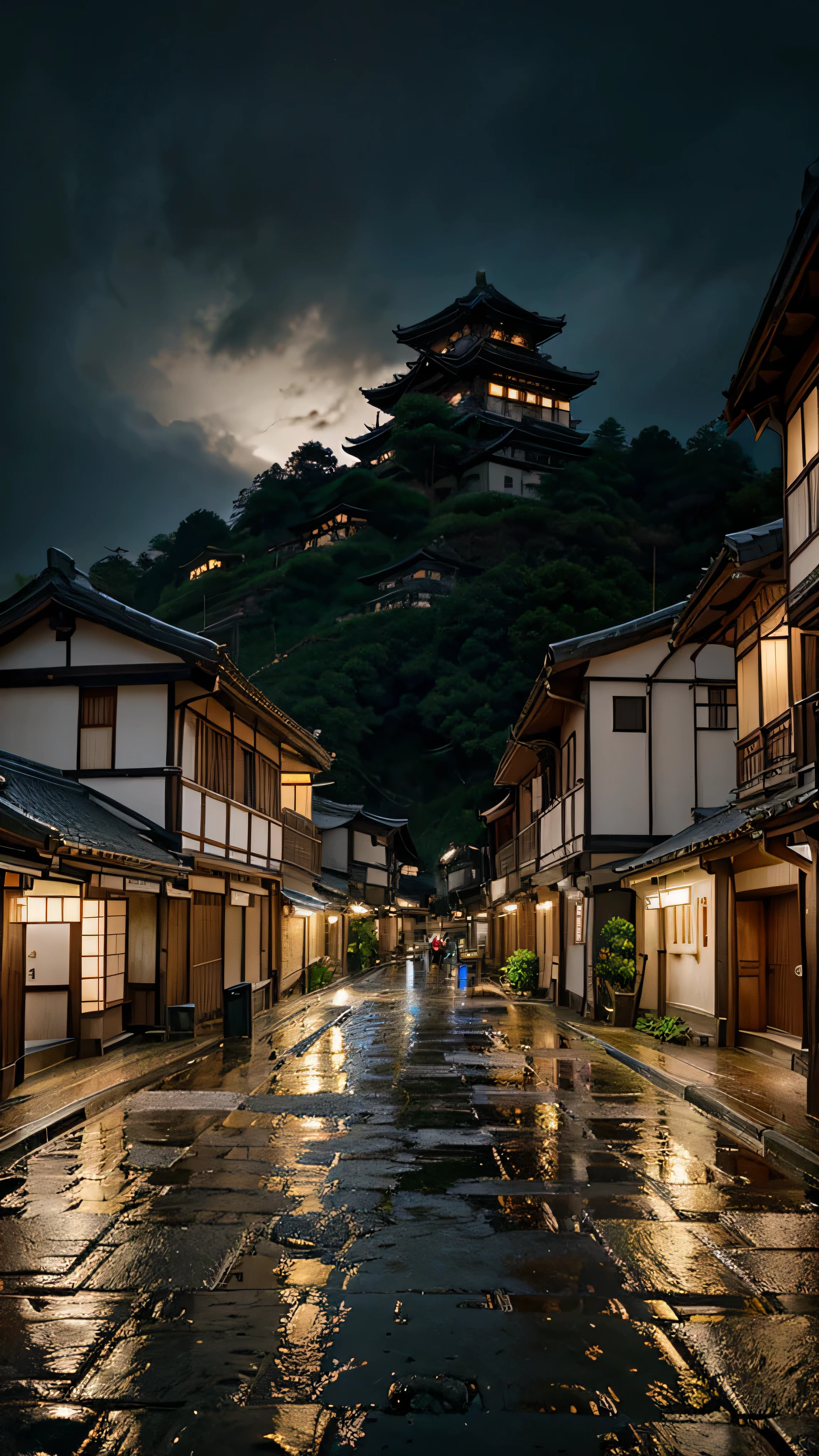village scene with many lights on the buildings, dreamy Japanese town, Japanese village, stunning wallpaper, Japanese town, Japanese village, hyper realistic, hyper realistic photo town, ancient Asian village, Japanese town, rainy day, beautifully illuminated buildings, in the daytime in the rain, beautiful and aesthetic, photography, cinematic, 8k, highly detailed, highly detailed, best picture, ultra HD, blue