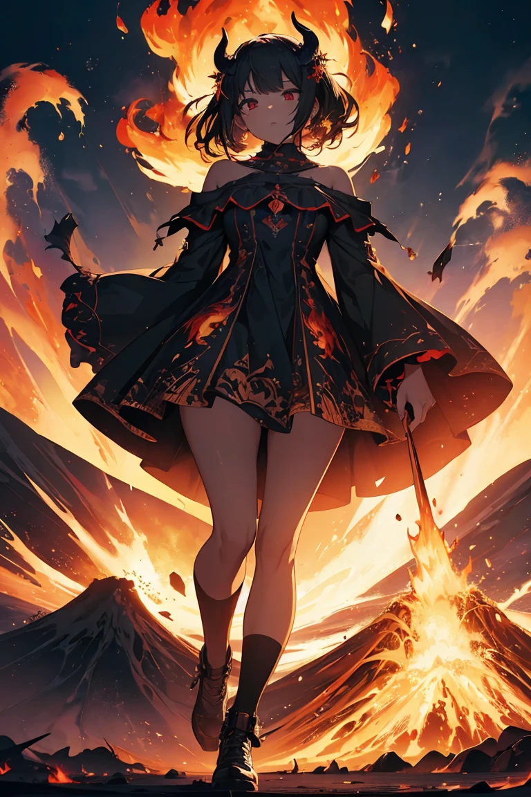 (highres,masterpiece:1.2),detailed face, surreal landscape, erupting volcano, billowing black smoke from volcano, female Demon wearing dress resembling flames standing