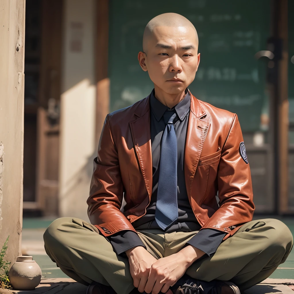 1 Chinese monk sitting in meditation, Wear a tie jacket, skinhead --auto --s2