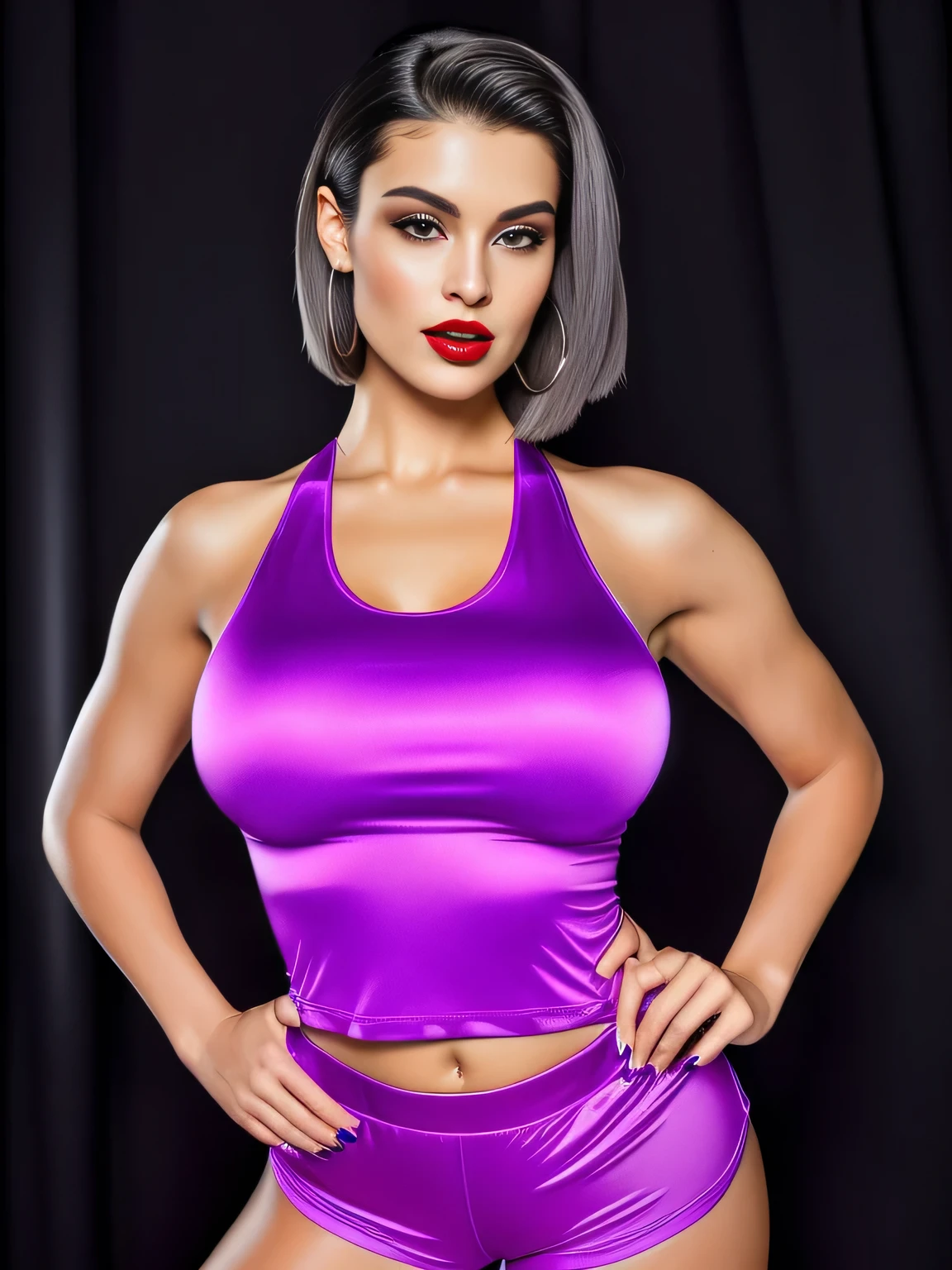 The image shows beautiful light brunette woman standing against a dark background. She is wearing a purple sports top and has her arms crossed in front of her. Her facial expression appears neutral or slightly serious and she is looking directly at the camera. There are no texts or logos visible on their clothing that indicate any specific brand or event. The lighting in the photo highlights her figure, suggesting a focus on fitness or athletics. Full body photo, total photo. Her hair is tied back. She is wearing a purple blouse and blue shorts, wearing a tank top (((purple top))), printed shorts (green/gray/blue/black), tight printed shorts ((((green/gray/blue/black) ) )) . She has dark brown hair, (((dark brown hair))), (eyes with reflection); ((pink lipstick)), (bright lips); contrast (bright lips); with a tanned body, toned body, athletic body, ((((legs)))); sexy pose, extremely sexy, very sensual, shapely legs. She is about 42 years old, 1.62 tall, 60 kg, best quality, perfect face, perfect mouth, perfect hands, is standing, (full body) her slightly plump and red lips look like a delicate flower. Slim body, slim waist. Her body exudes glamor and her face is the definition of beauty. Highly realistic, reddish skin, beautiful and slightly plump lips, pink lipstick, feeling of lightness and joy, hyper-realism, very elaborate skin. Sharp photo, high quality, high resolution (ultra quality masterpiece), Ultra HD, high contrast, 16K. Masterpiece: 1.3, high resolution, (photographically realistic), 8k, NUDE, NUDITY, NFSW.