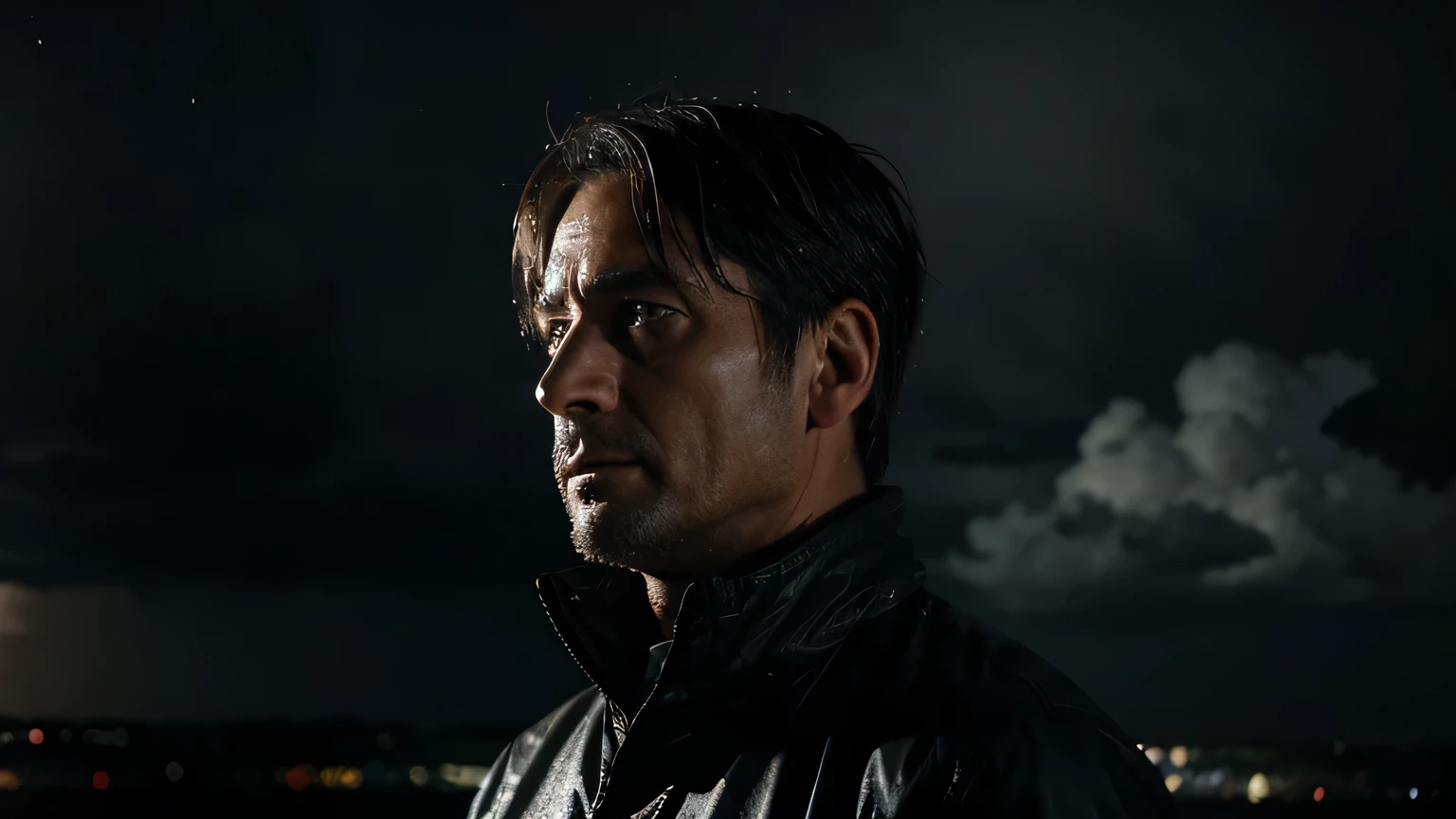 man 40 years old, looking at the dark rainy sky, sad