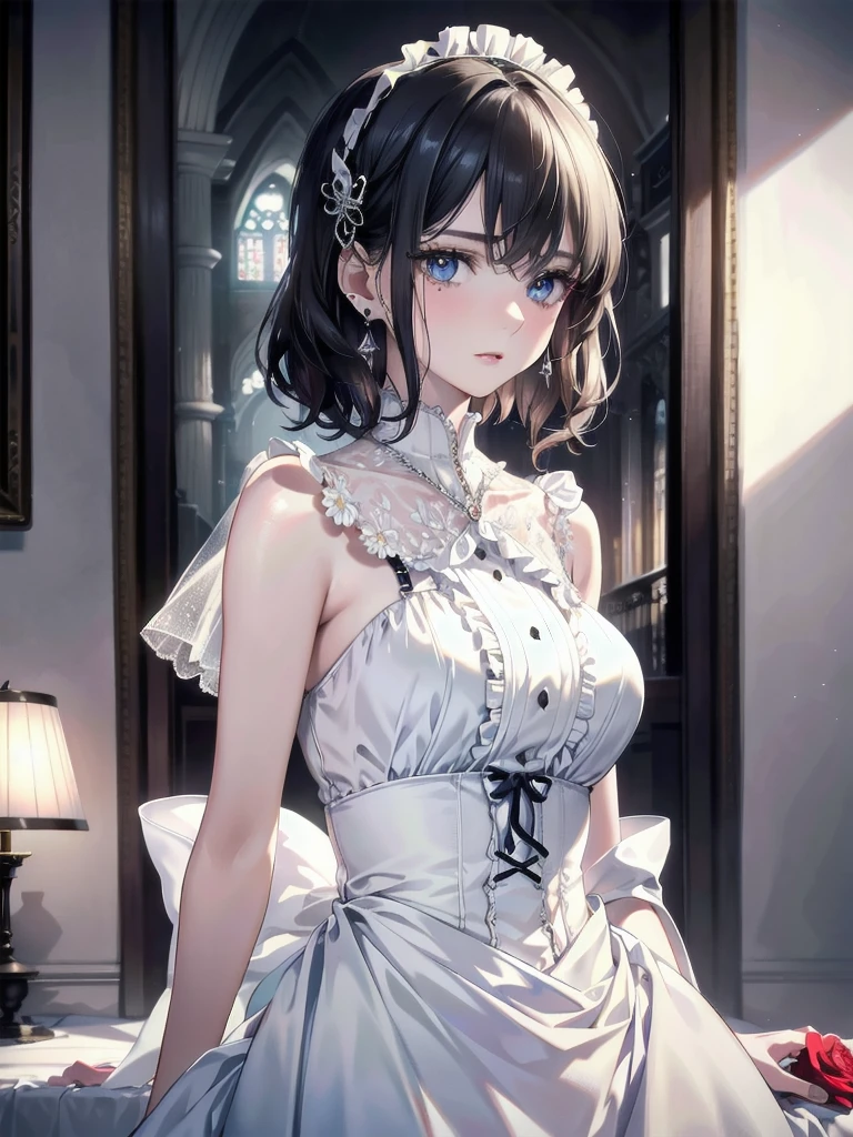 absurdres, RAW photo, extremely delicate and beautiful, masterpiece, Best Quality, ultra high resolution, 32k, hyperrealistic, ultra-detailed, detailed description, pale skin, 20 years old, detailed beautiful face and eyes, tearful mole, earring, Colossal tits, short medium hair, wavy hair, full body shot, alone, Victorian, dress,