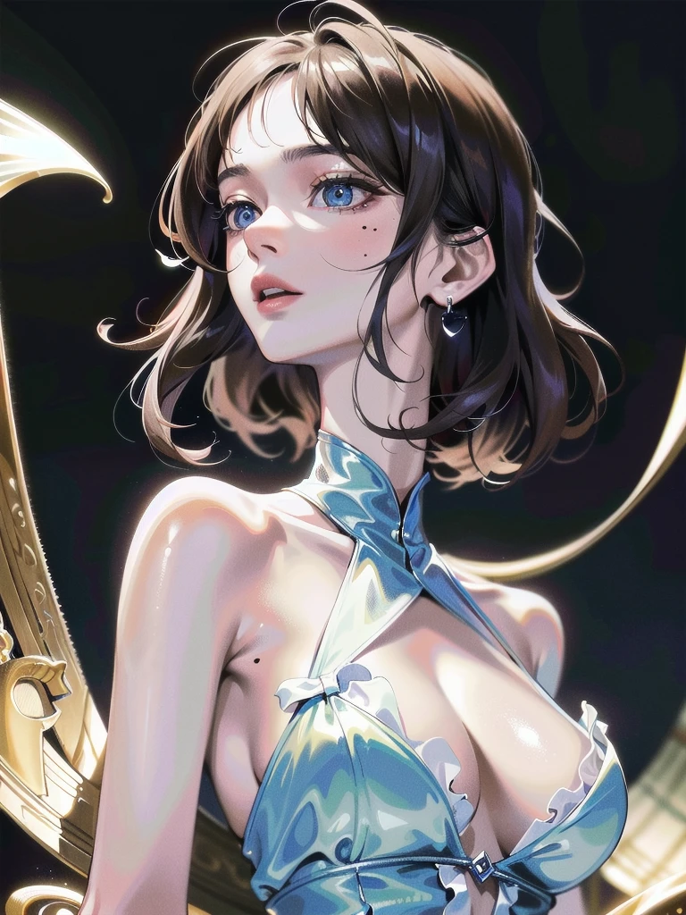 absurdres, RAW photo, extremely delicate and beautiful, masterpiece, Best Quality, ultra high resolution, 32k, hyperrealistic, ultra-detailed, detailed description, pale skin, 20 years old, detailed beautiful face and eyes, tearful mole, earring, Colossal tits, short medium hair, wavy hair, full body shot, alone, Victorian, dress,