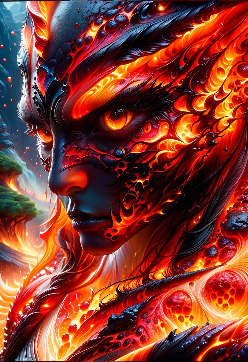 Lava Demon, ral-lava, LavaRay, Demon made entirely of lava, Close-Up Microportrait: "Cute Baby Burning Crystal Magma Demon Hatchling: Glowing Lava Droplets"- "(Lamp Inferno)": Telephotography by Stephen Gammell - Gabriel Pacheco - Naoto Hattori - Joan Miró - Russ Mills - Minjae Lee - Chalida Mingmalee - Gustave Doré - Anna Dittmann - Jordan Grimmer - Dianne Briggs - Jasmine Becket-Griffith - Karol Bak - Tim Burton