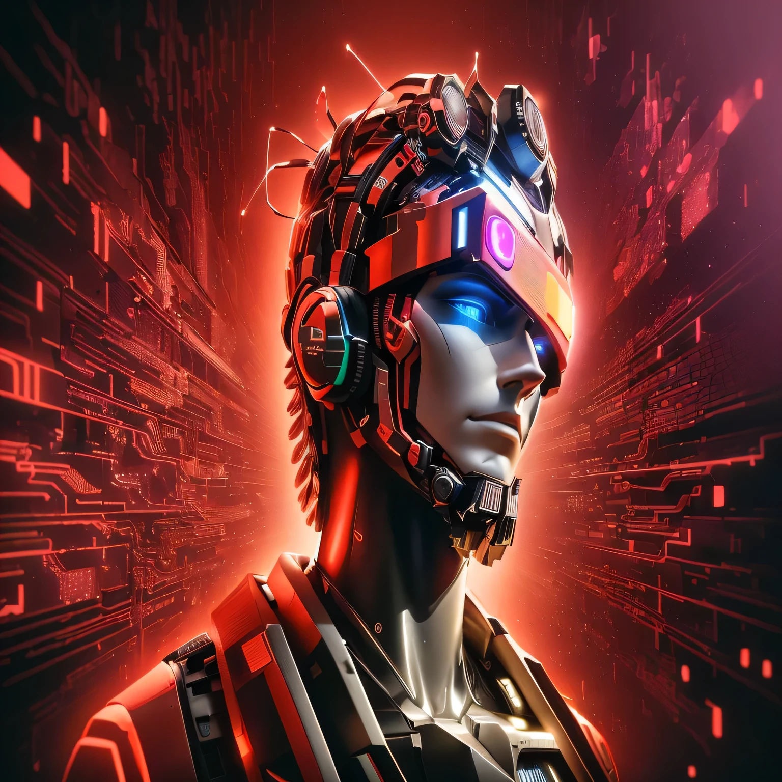 blurred image of a statue of a man with a virtual head, roman neon, the encrypted metaverse, deeper into the metaverse we go, beep and mike winkelmann, beep. hyperrealism, epic masterpiece retrowave art, beep masterpiece, beep!!, realism | beep, 3D video game, Imagine a man dressed in business attire, interacting with a chatbot, represented by a stylized avatar, both in the foreground. behind them, visualize a network of glowing lines in yellow and red, symbolizing data connections from a central crm system. these lines connect to various customer profiles, each unique, represented as light blue and dark blue silhouettes. the woman and the chatbot are actively adjusting these lines, symbolizing the challenge of personalization in crm. - photographic style - realistic image
