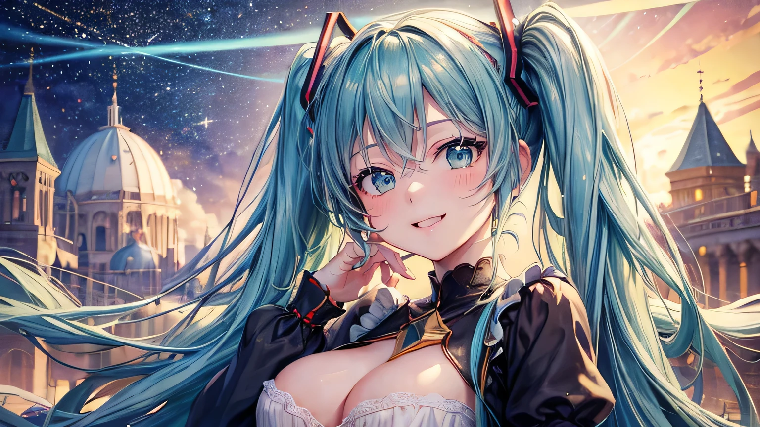 (oil, masterpiece, highest quality, Super detailed, Focus on the characters), Hatsune Miku、Smiling Kindly、Detailed facial expression depiction，Detailed hair depiction,([return:0.8]|[ face facing returnwards:1.1]), Super big breasts,
Cute loungewear,([Starry Sky Scenario:1.2]|[ ground:1.3]| [High Contrast:1.1])  