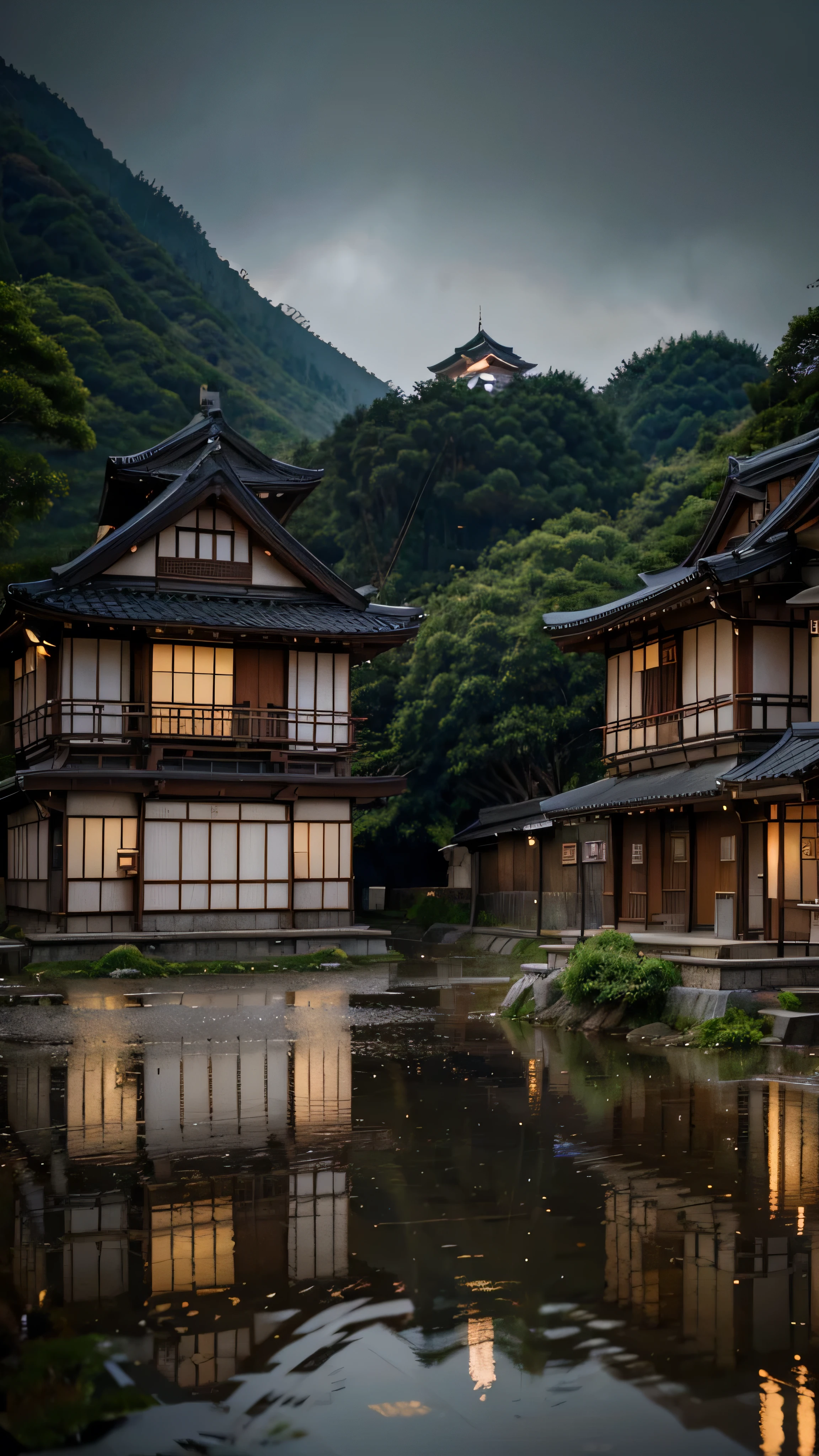 village scene with many lights on the buildings, dreamy Japanese town, Japanese village, stunning wallpaper, Japanese town, Japanese village, hyper realistic, hyper realistic photo town, ancient Asian village, Japanese town, rainy day, beautifully illuminated buildings, in the daytime in the rain, beautiful and aesthetic, photography, cinematic, 8k, highly detailed, highly detailed, best picture, ultra HD, blue
