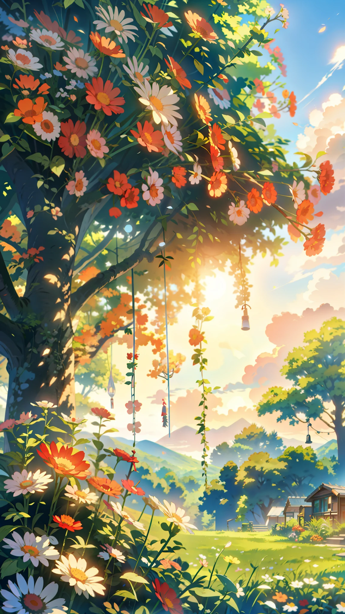 painting of the sun shines through the leaves of a tree, flowers, hanging flowers, daisies, makoto shinkai. high detail, multicolored flowers, roses, overgrowth. by makoto shinkai, colorful, lofi, illustration, anime style, reflections. by makoto shinkai, makoto shinkai and (cain kuga), octane render. by makoto shinkai, anime fantasy artwork, anime. by makoto shinkai. by makoto shinkai, chillhop, cozy home background, 4k professional painting, game, detailed key anime art, illustation, a beautiful artwork illustration, beautiful digital painting, highly detailed digital painting, beautiful digital artwork, detailed painting 4 k, very detailed digital painting, rich picturesque colors, gorgeous digital painting