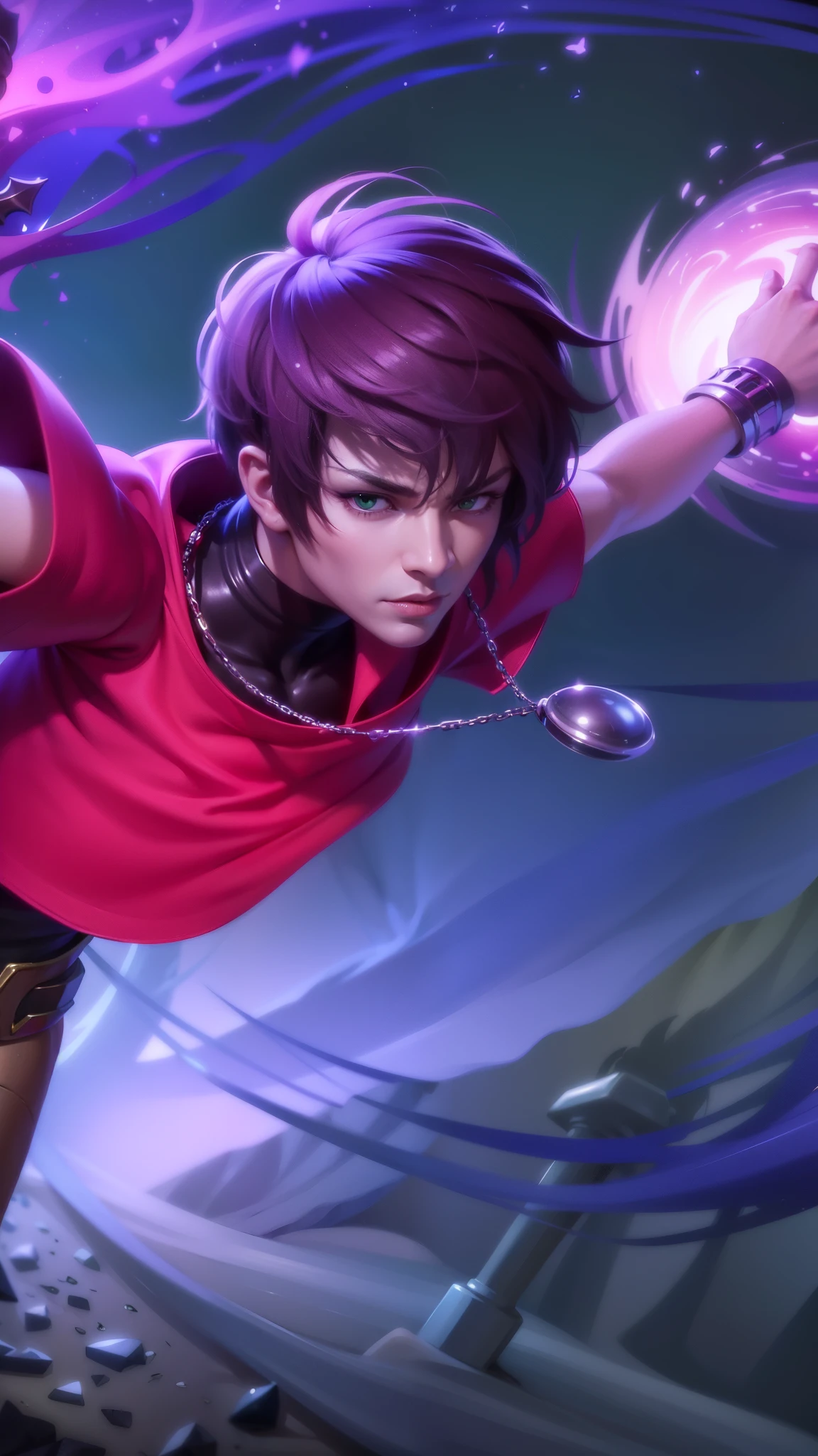 a close up of a person in a purple and green outfit, Masterpiece, ultra HD, detailed all picture, a close up of a devil, dyrroth from mobile legend, evil, extremely detailed artgerm, mobile legends character, inspired by Dyrroth, Six pack chest and abs, black jewel above the chest, light green eyes, glare.