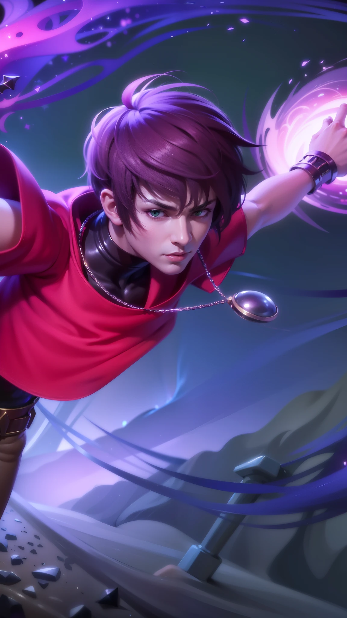 a close up of a person in a purple and green outfit, Masterpiece, ultra HD, detailed all picture, a close up of a devil, dyrroth from mobile legend, evil, extremely detailed artgerm, mobile legends character, inspired by Dyrroth, Six pack chest and abs, black jewel above the chest, light green eyes, glare.