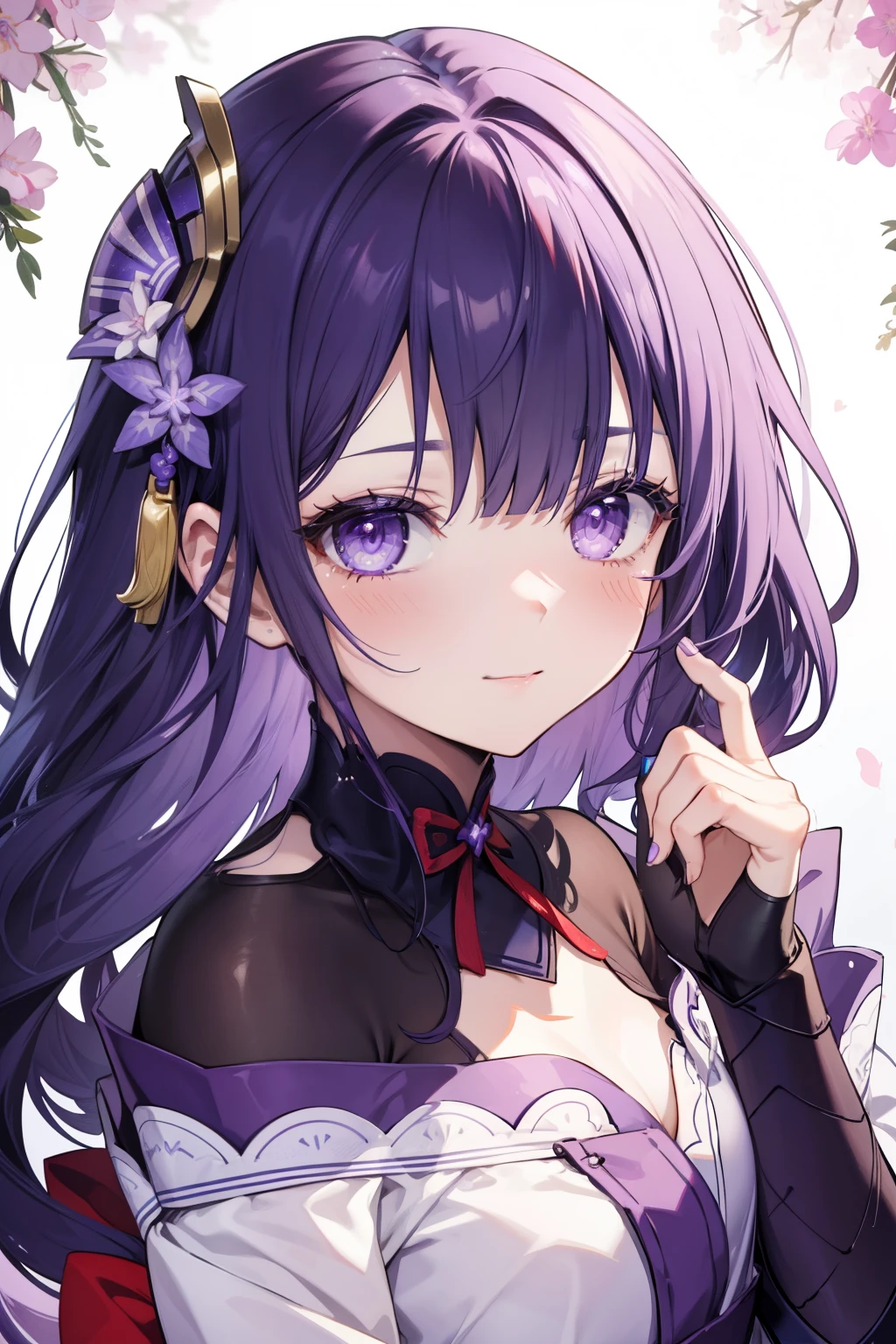 General Raiden、Good looking girl (blush, Perfect Face), independent , Looking at the camera, masterpiece, Anime art style, Cute Characters, Most detailed, high quality、Nico Nico Smile、There are highlights on the eyes、Purple Hair、Use electric magic
