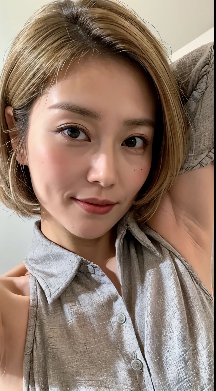 (Realistic:1.3、Ultra HD、Ultra-high resolution、8k、Japanese Office Lady、Collared shirt、Sleep on your back)、((looking at the camera:1.8))、(Extremely realistic skin texture:1.4)、(Realistic:1.3)、short hair、(Embarrassed expression:1.5)、(Blonde Hair:1.5)、(40-year-old woman、Mature Woman)、Ponytail hairstyle、(Raise her arm to show her armpit:1.3)、(Face close-up:1.0)