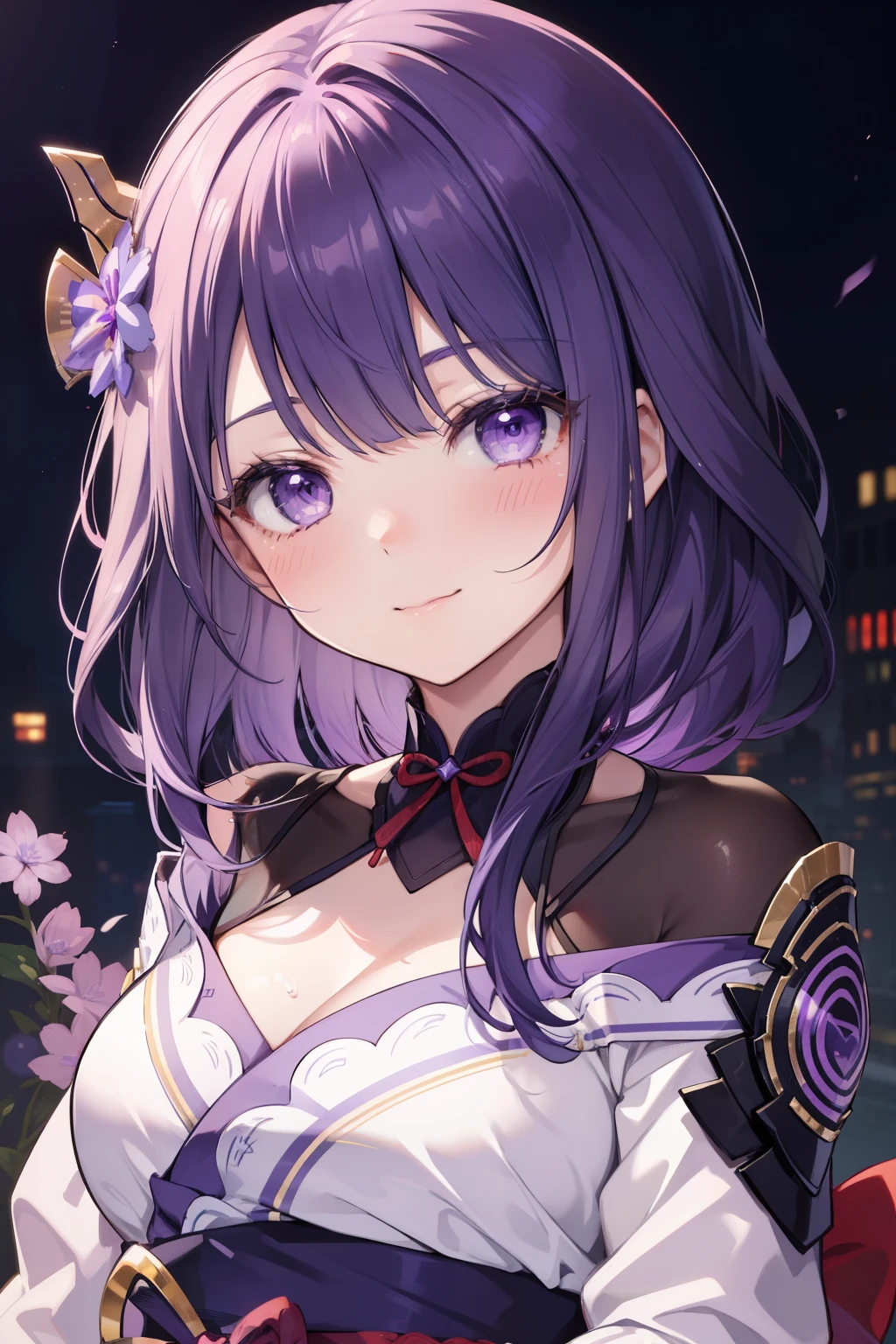 General Raiden、Good looking girl (blush, Perfect Face), independent , Looking at the camera, masterpiece, Anime art style, Cute Characters, Most detailed, high quality、Nico Nico Smile、There are highlights on the eyes、Purple Hair、Use electric magic